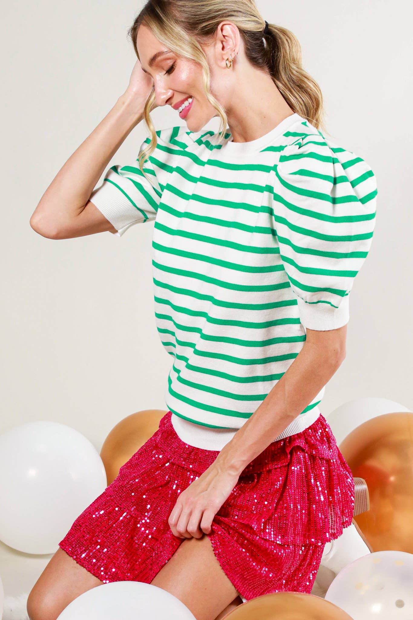 Striped Crew Neck Puff Sleeve Knitted Sweater VT81344A