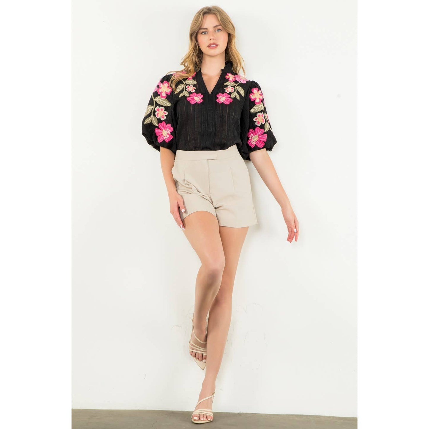 Embroidered Puff Sleeve Textured Top