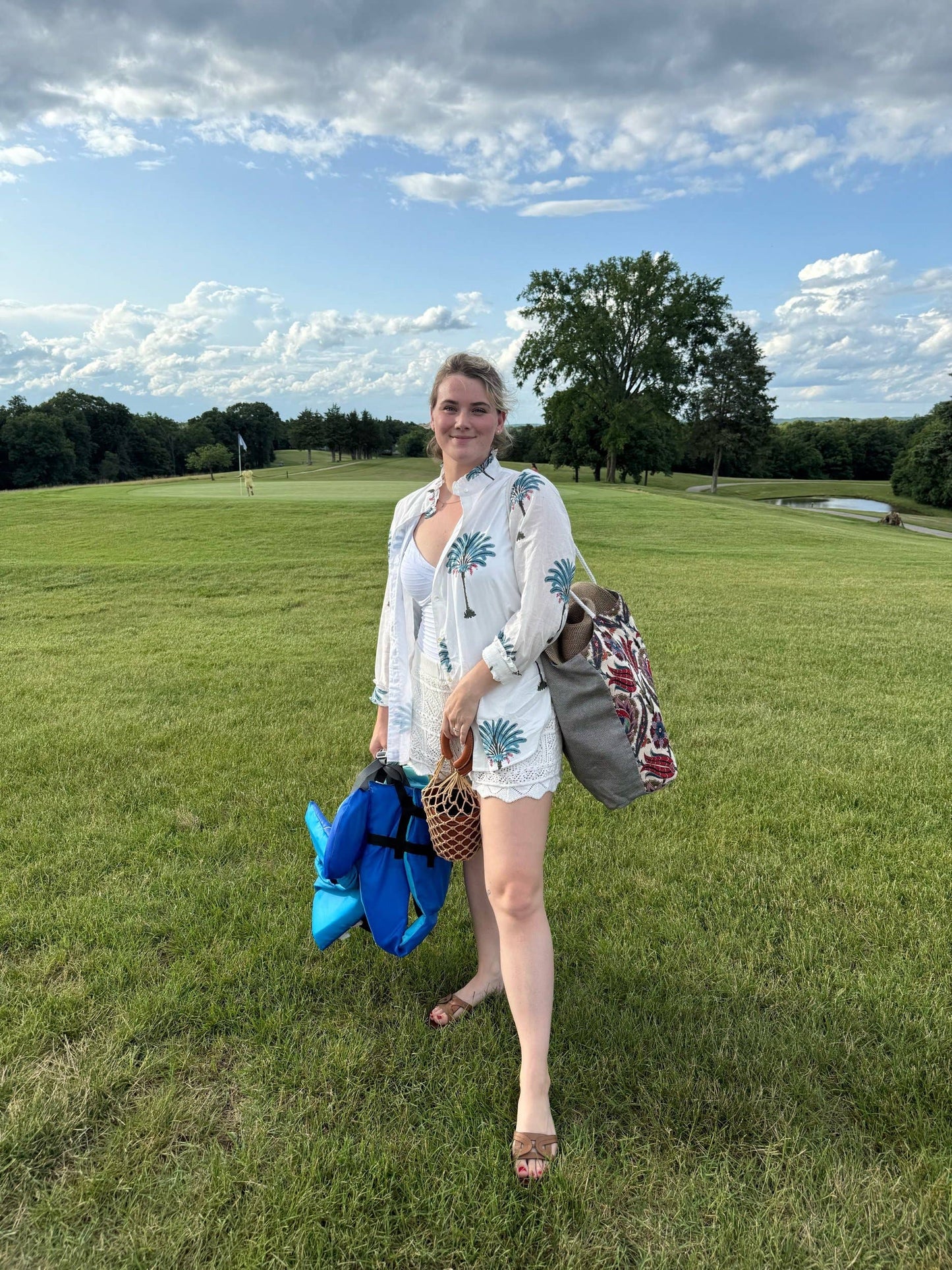 Women's Palm Tree Print Ruffled Collared Blouse