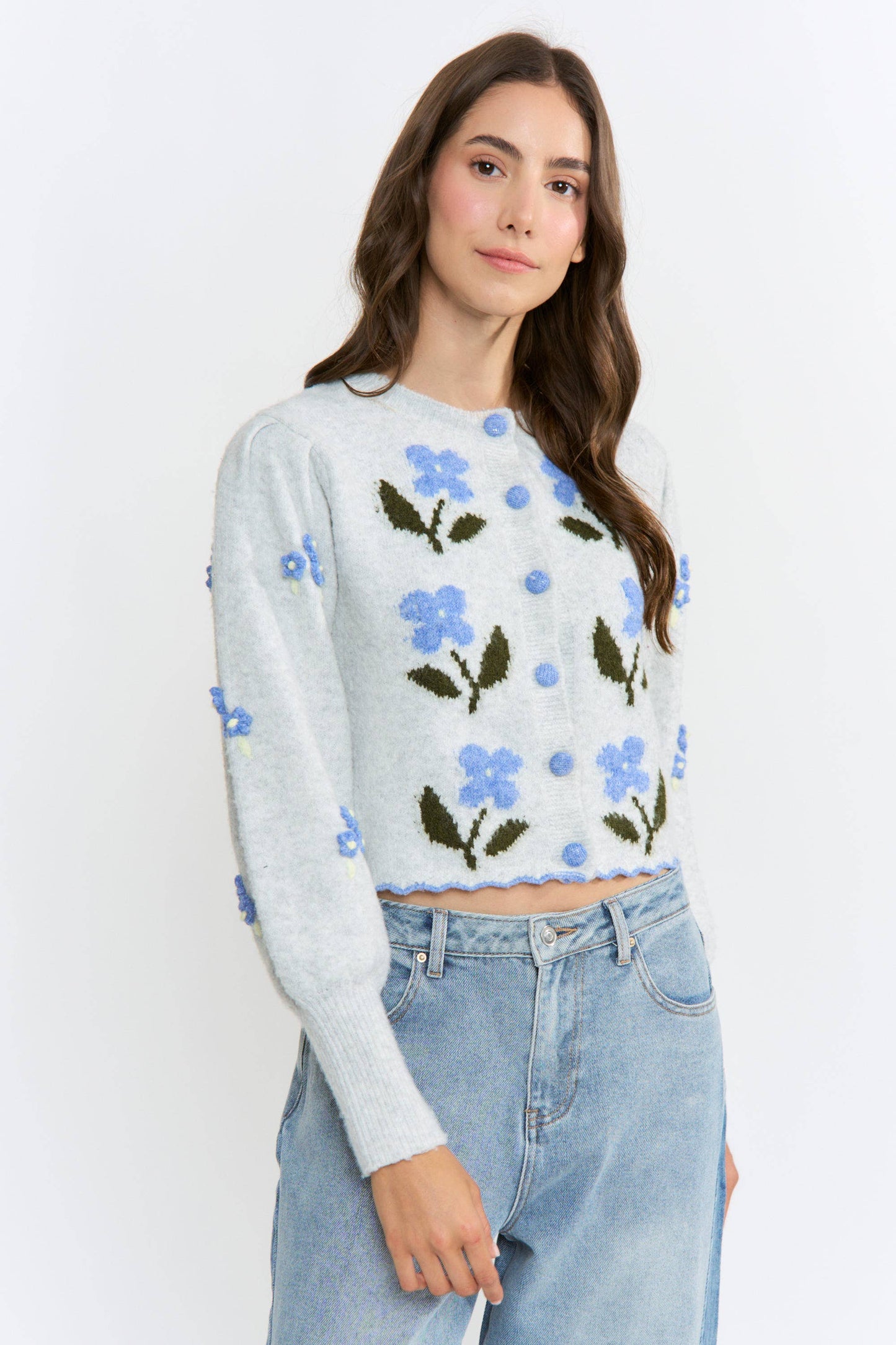 CW10352J Wool-Blend Floral Embroidery Cardigan