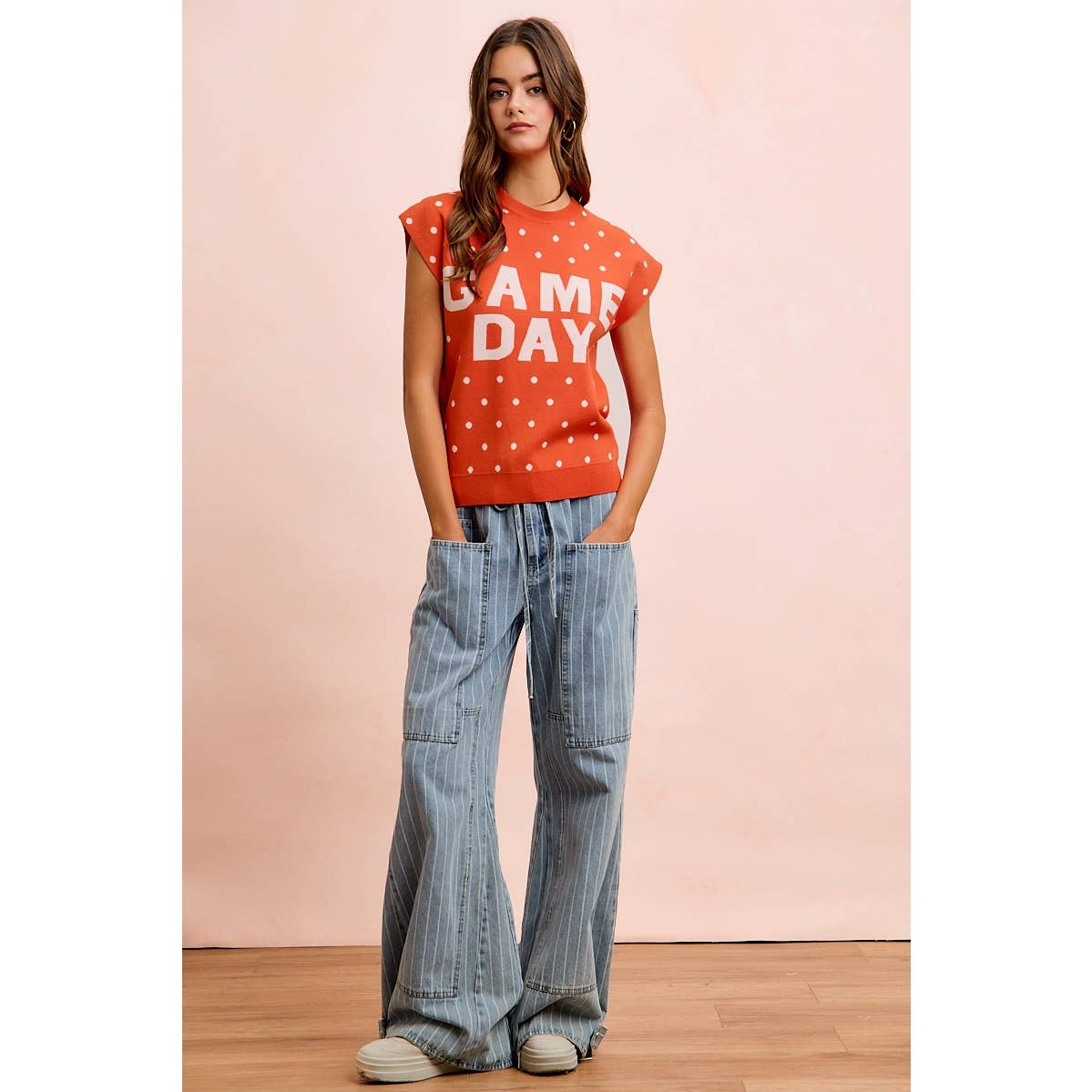 GAMEDAY LETTER AND POLKA DOTS SLEEVELESS KNIT TOP