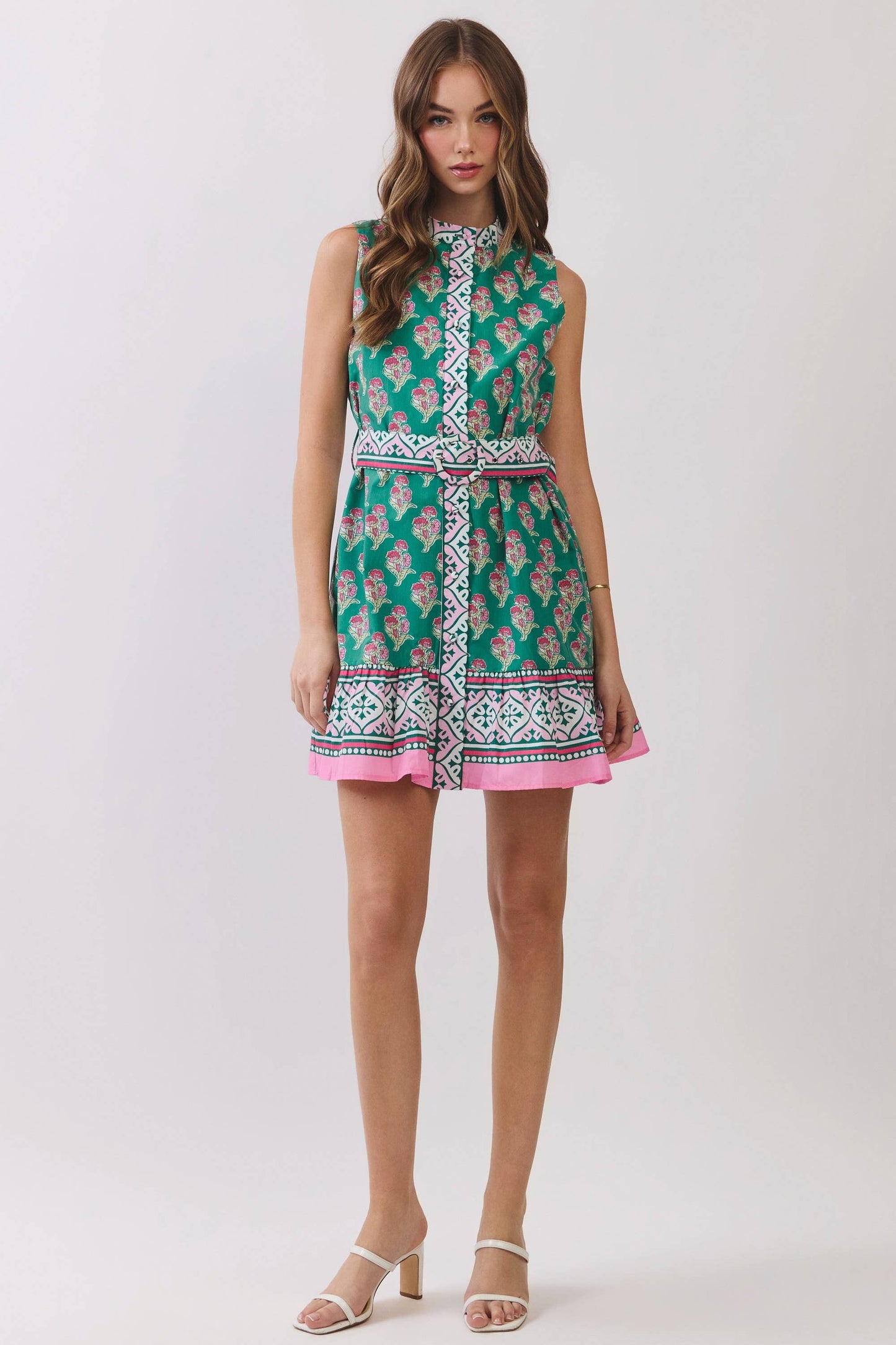 CD07193-Floral Border Print Belted Mini Dress