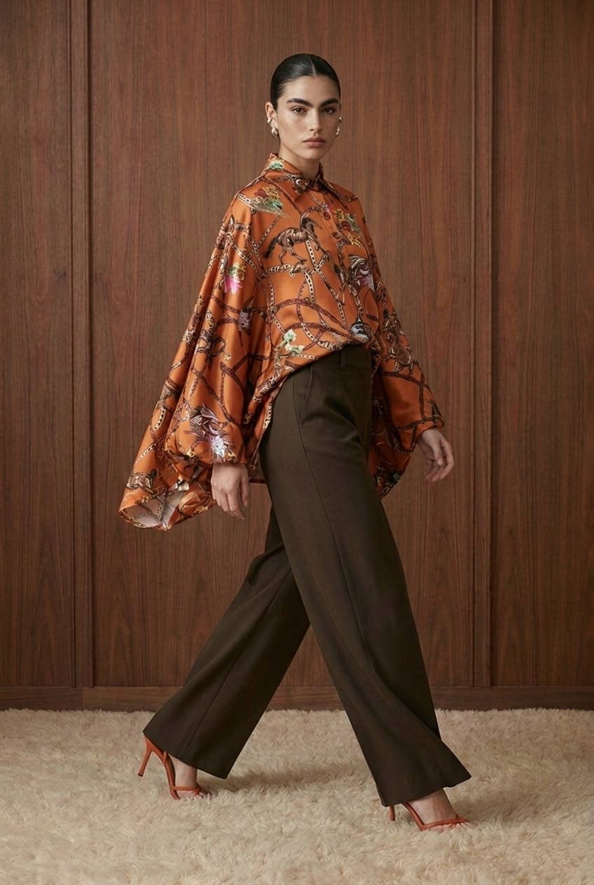 Draped Equestrian Motif Satin Blouse