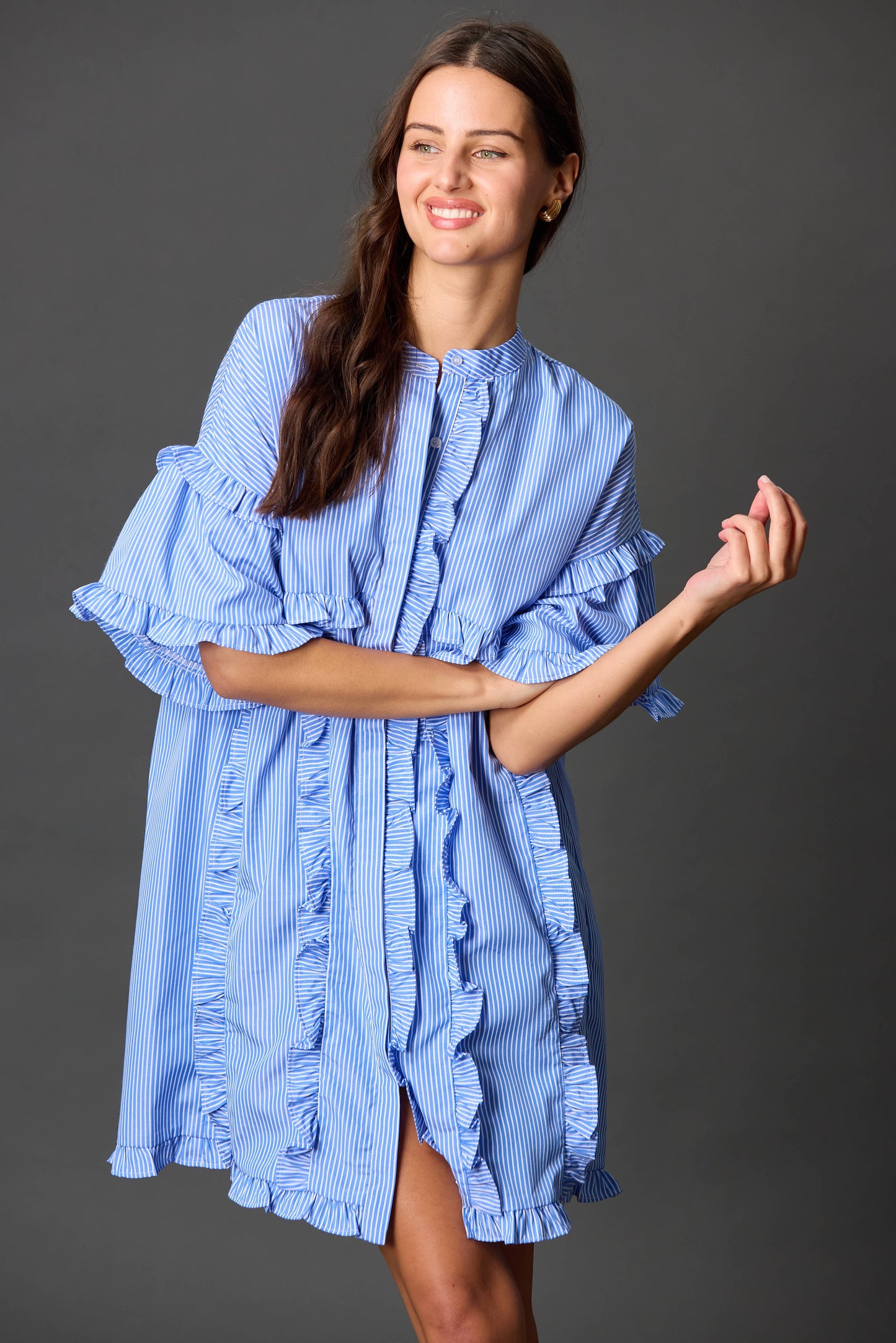 Blue Stripe Ruffled Detail Tunic Mini Dress