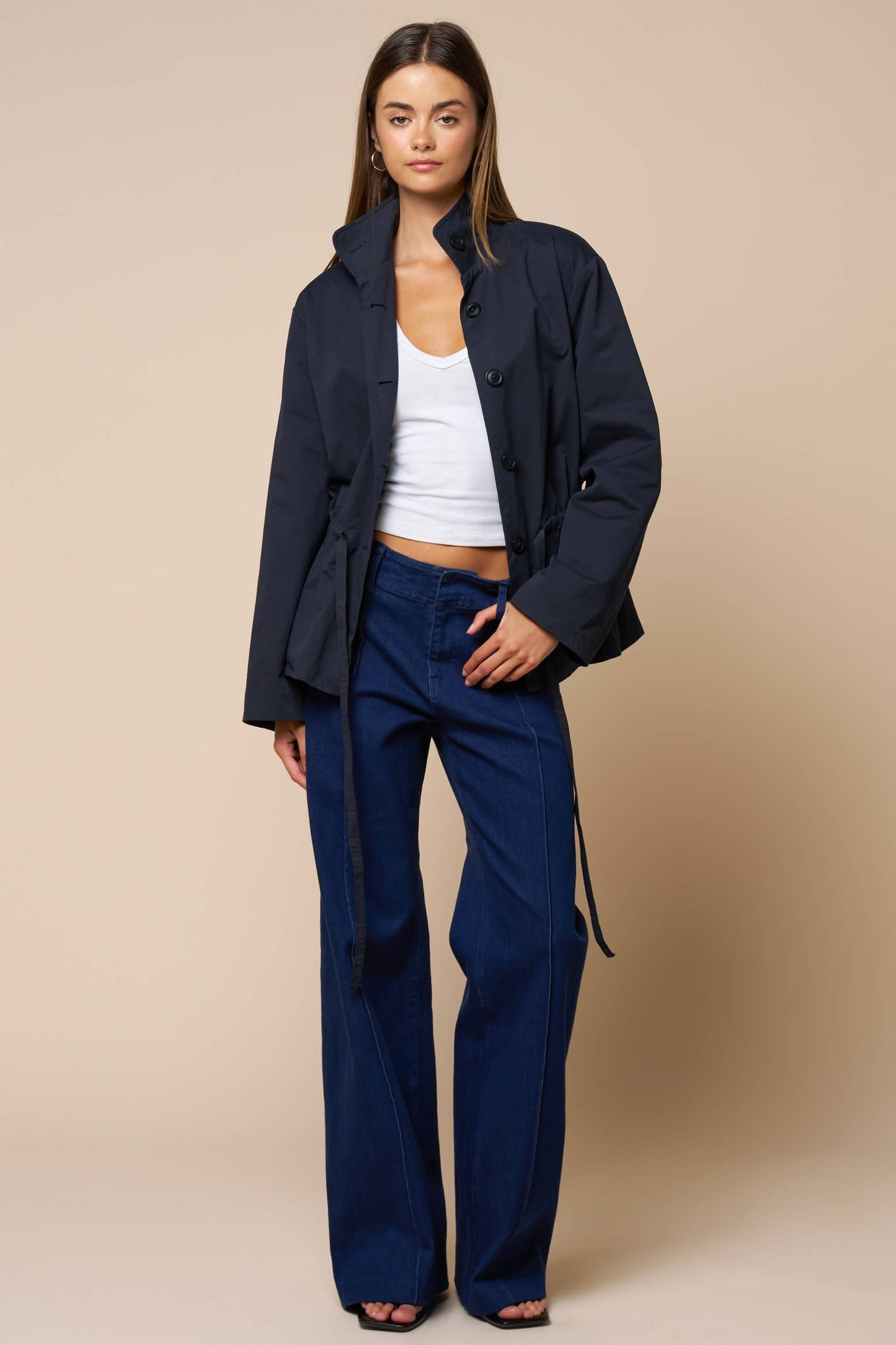 Drawstring Waist Button Down Jacket