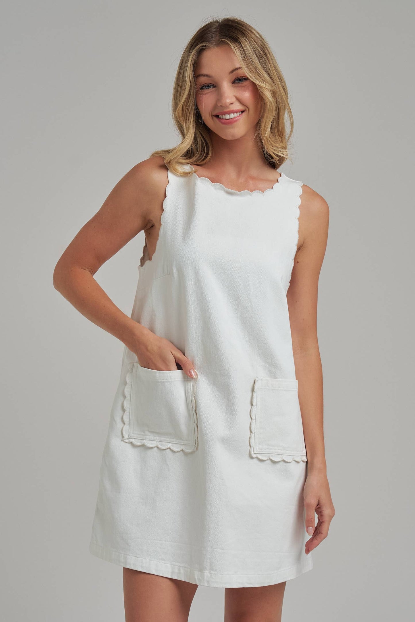 GAME DAY COLOR DENIM MINI DRESS WITH SCALLOPED EMBROIDERY