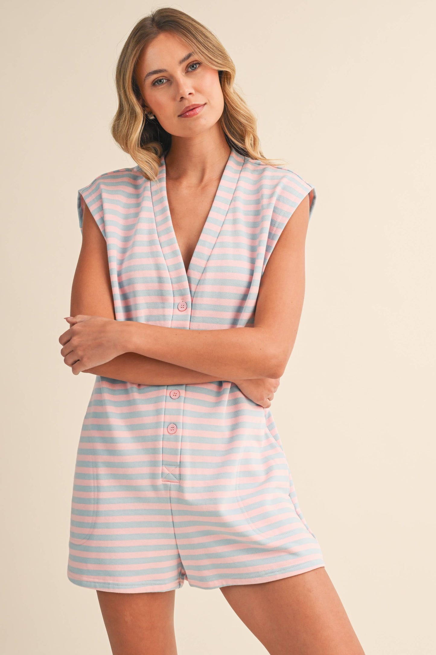 IR2384  SHORT SLEEVE STRIPED BUTTON DOWN ROMPER