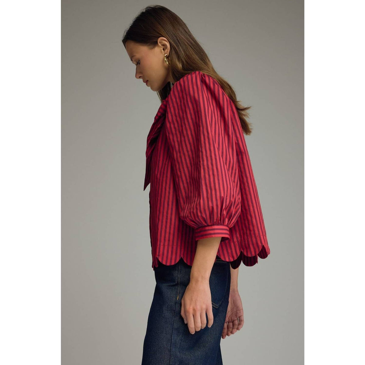 NEW Stripe self-tie neck 3/4 puff sleeve top