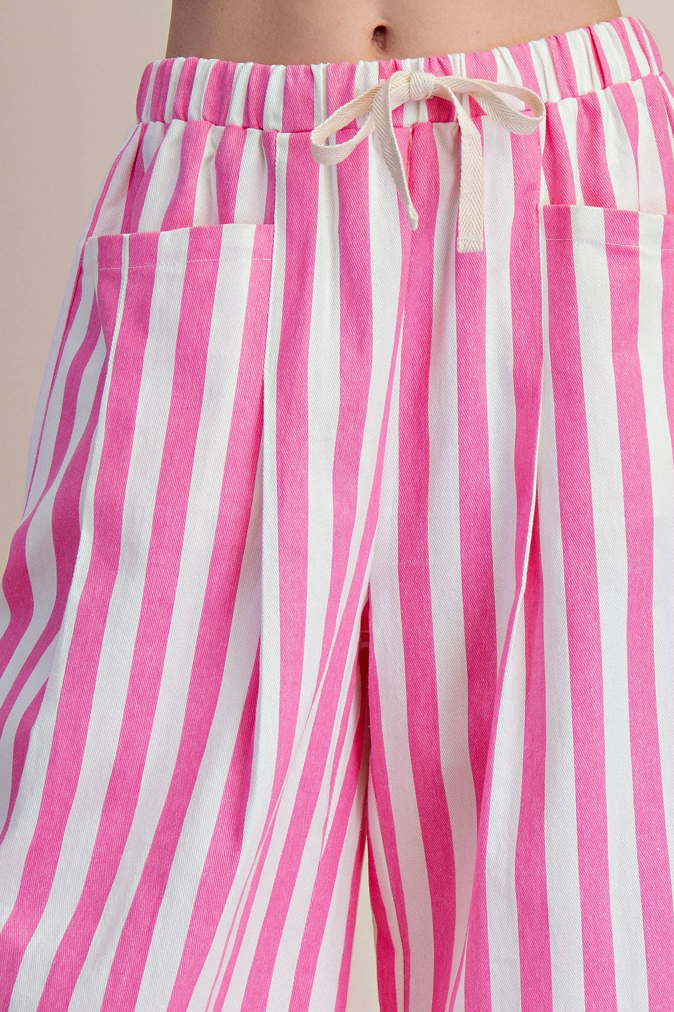 Stripe Wide Pants With Elastic Band Drawstring and Pockets