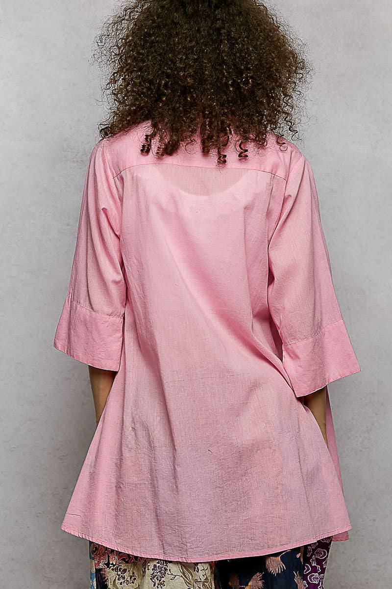 1/2 Sleeve Collared Embroidered Cotton Shirt Woven Top