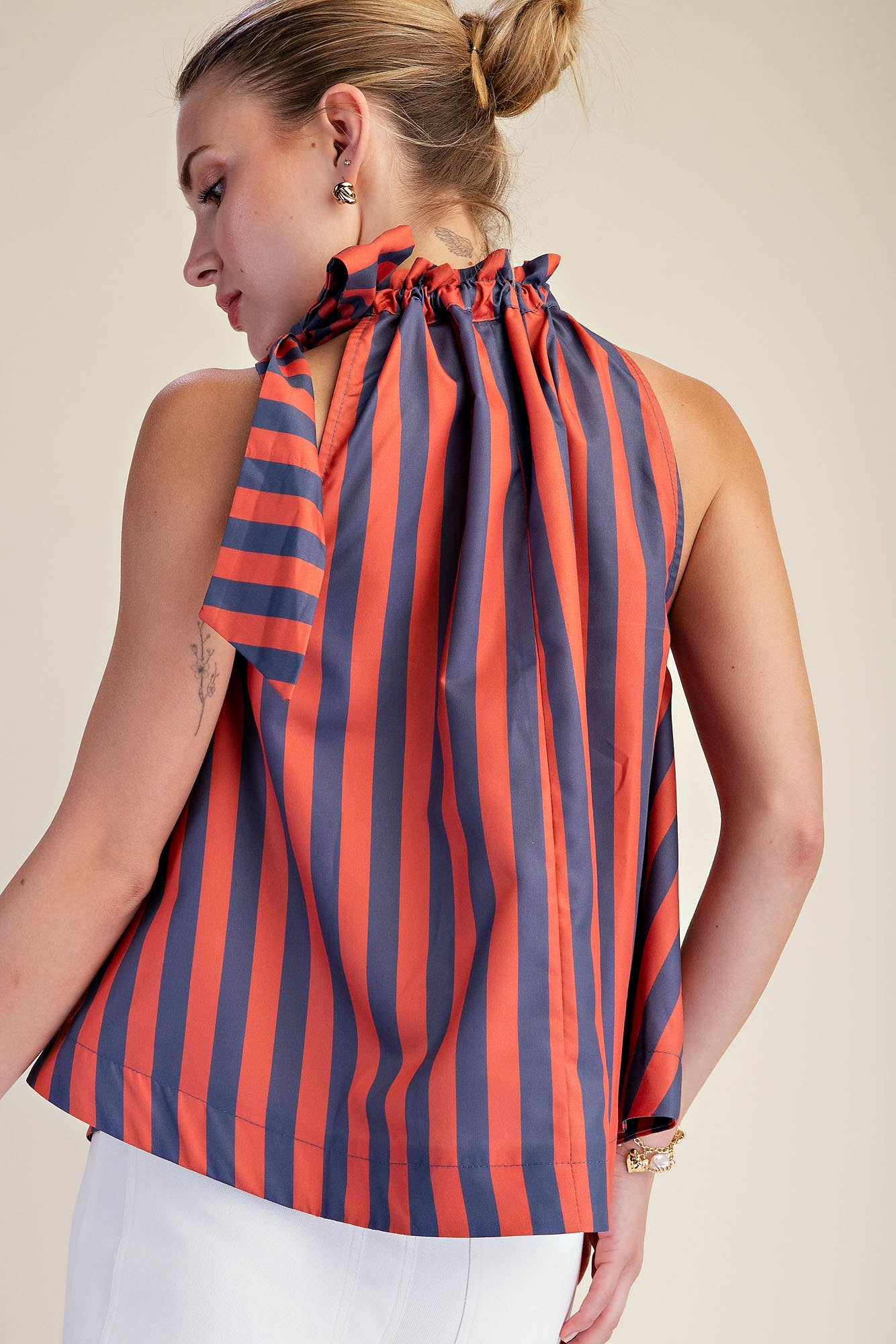 Ruffle Neck Tie Sleeveless Stripe Top