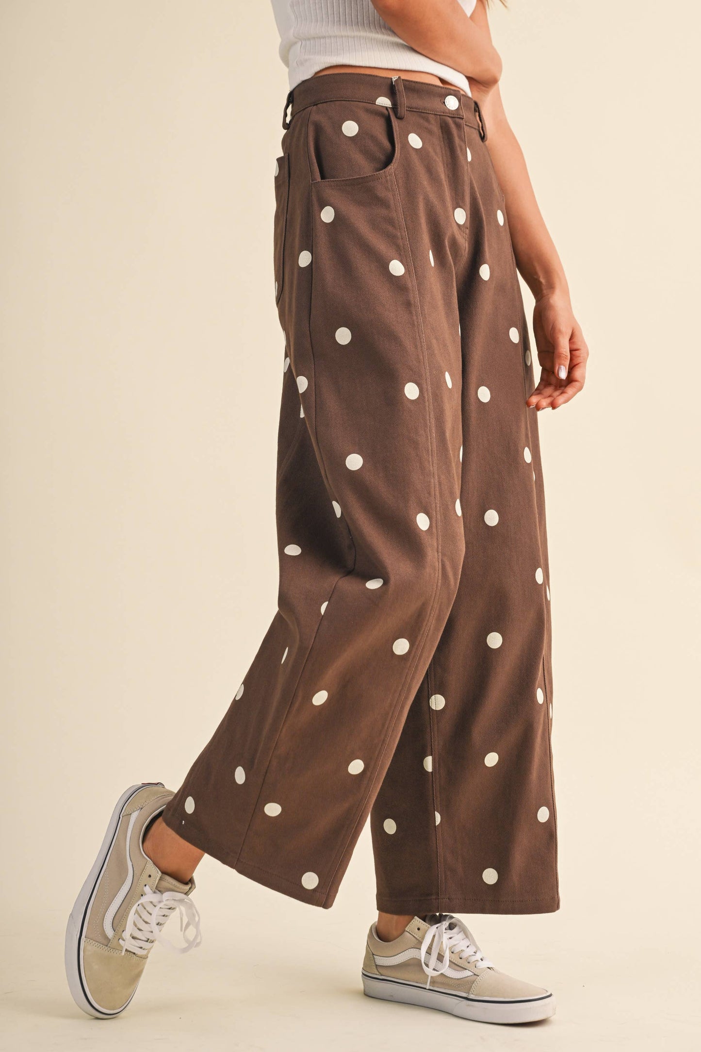IP1390-C  POLKADOT STRETCH TWILL MID WAIST BARREL PANTS