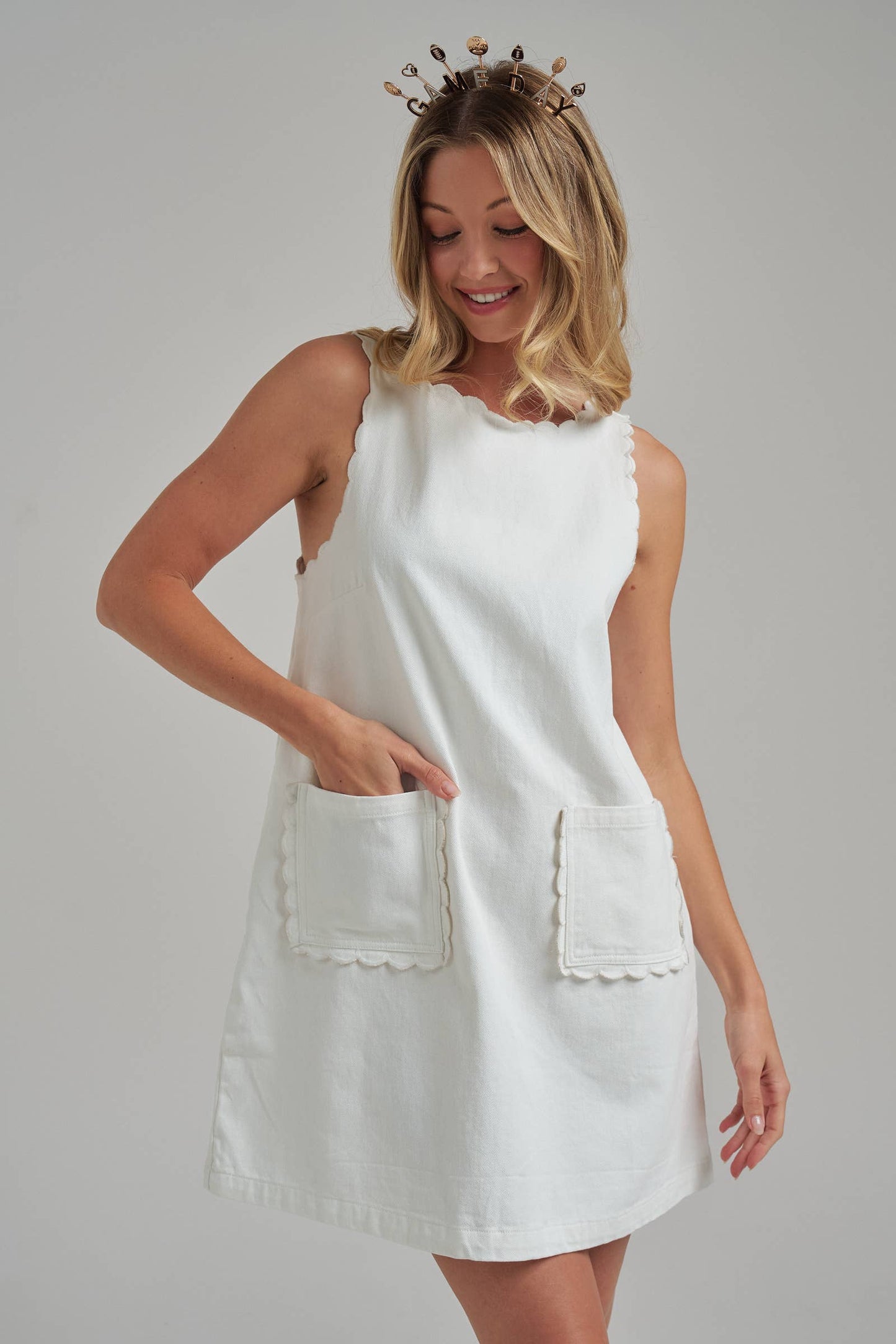 GAME DAY COLOR DENIM MINI DRESS WITH SCALLOPED EMBROIDERY