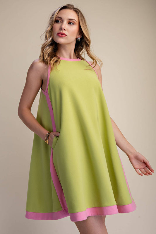 A-line Sleeveless Mini Dress With Round Neck Hem Contrast