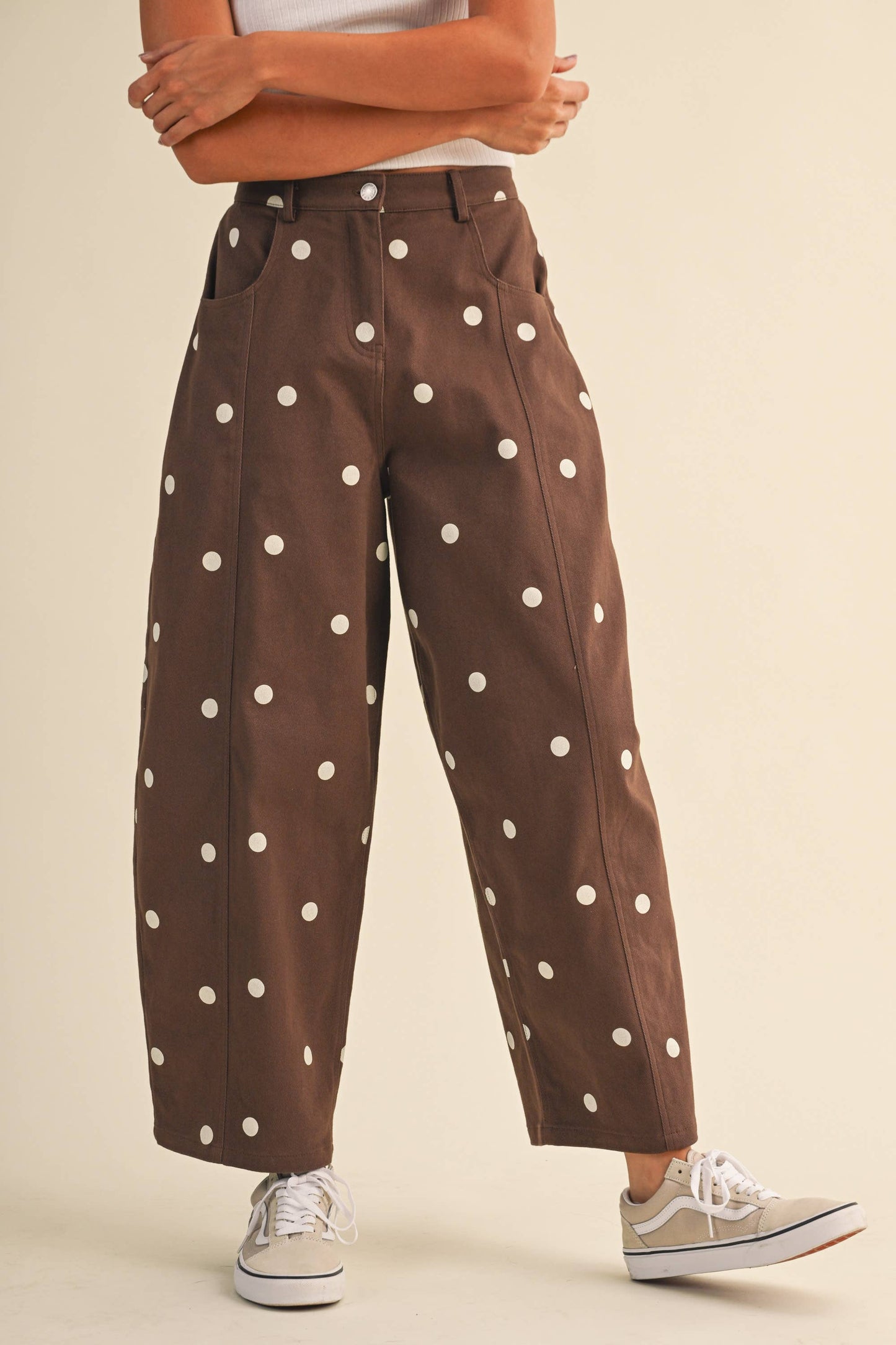 IP1390-C  POLKADOT STRETCH TWILL MID WAIST BARREL PANTS