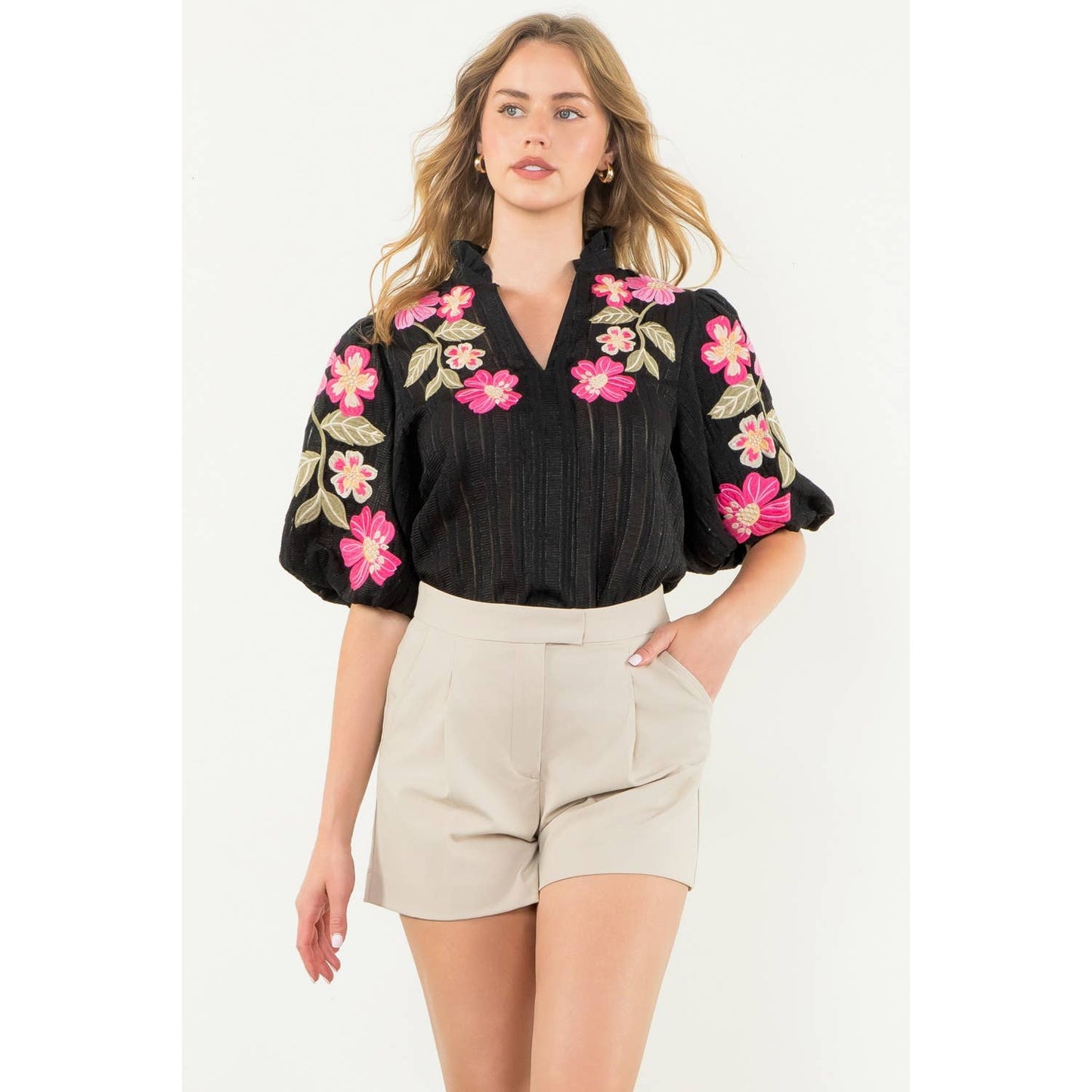 Embroidered Puff Sleeve Textured Top