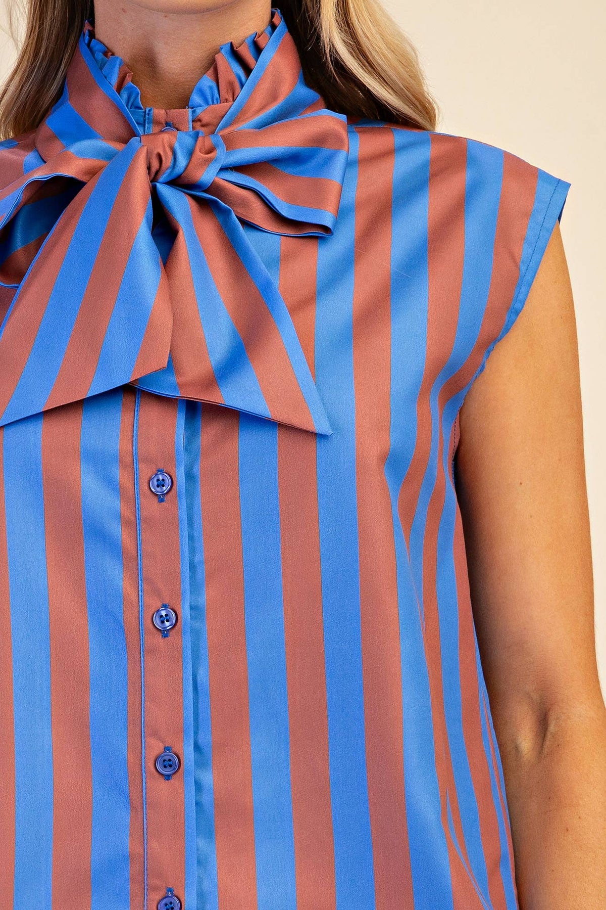 Bow Neck Sleeveless Stripe Shirt