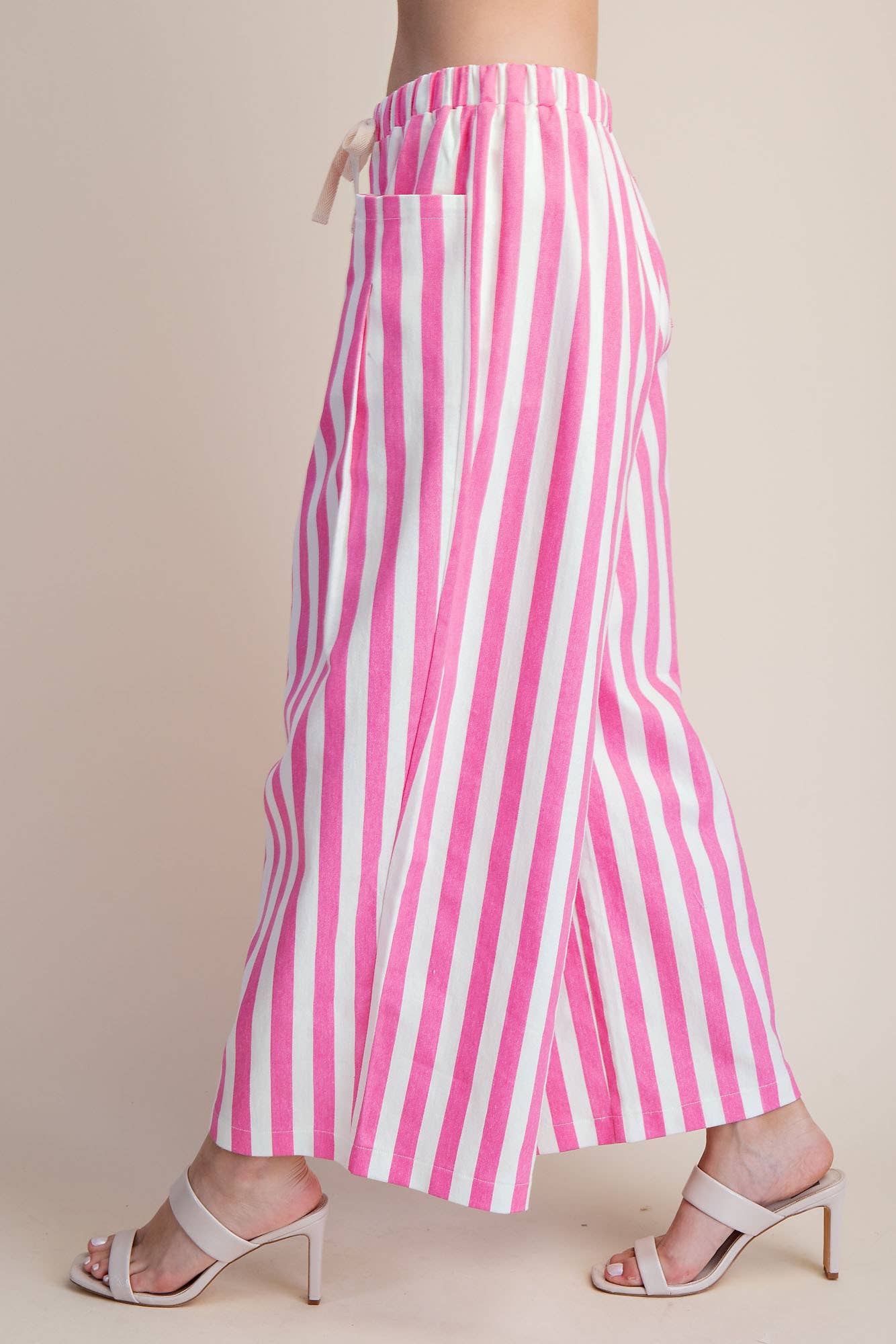 Stripe Wide Pants With Elastic Band Drawstring and Pockets
