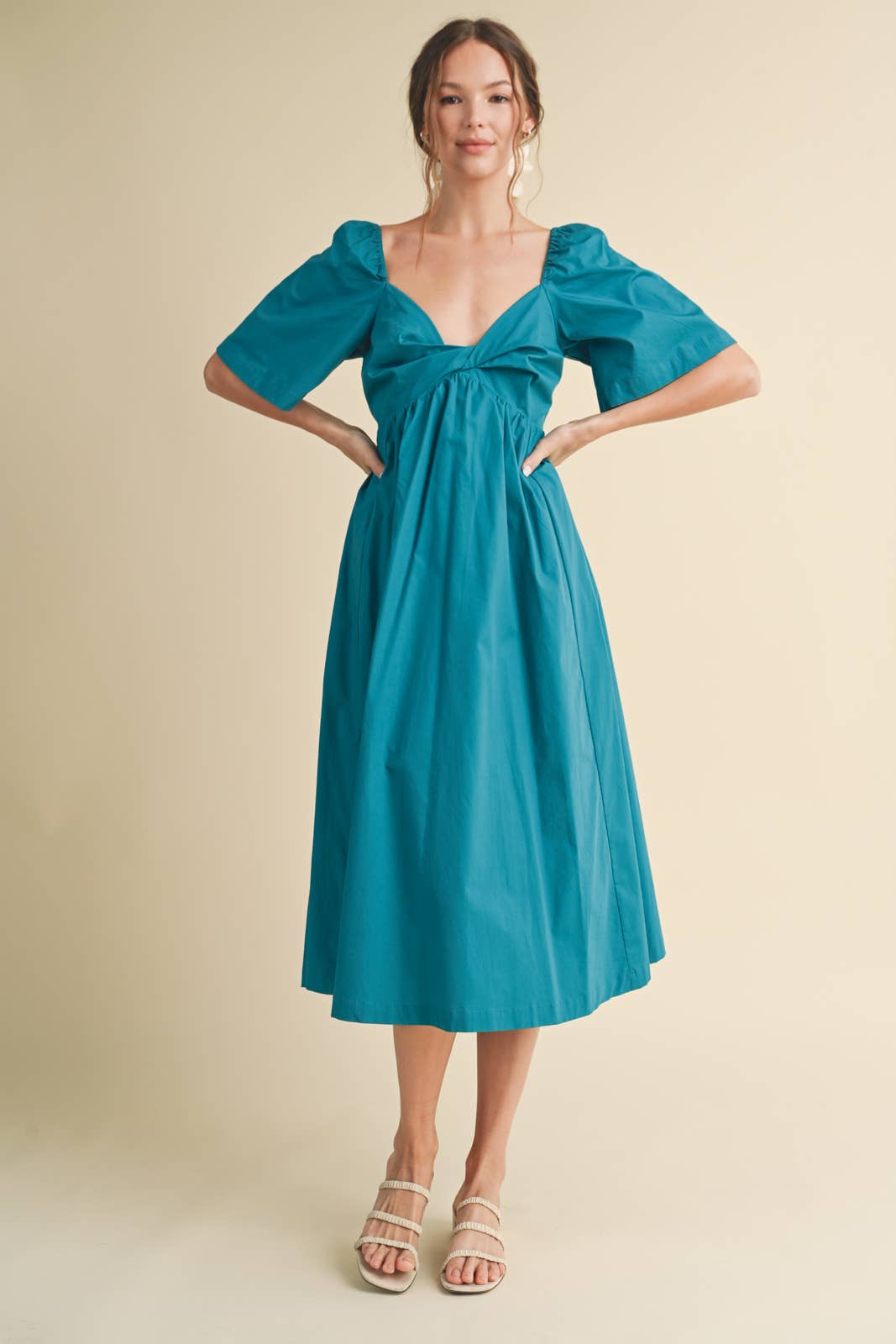 POPLIN COTTON MIDI DRESS WITH FRONT TWIST / WL24-8608