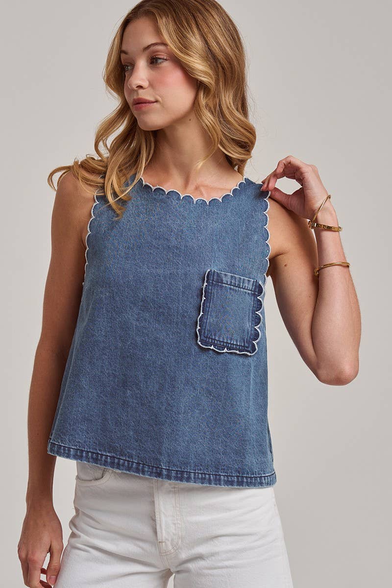 WASHED DENIM SLEEVELESS TOP WITH SCALLOPED EDGE DETAIL