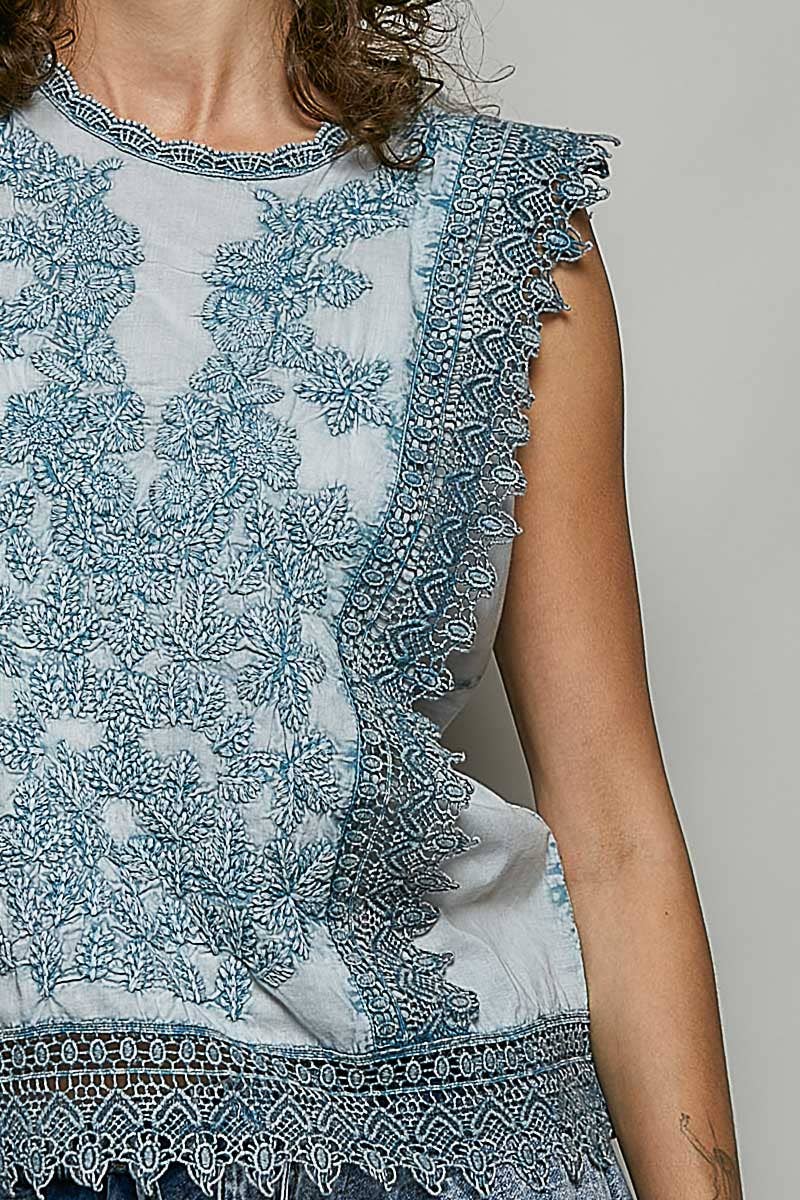 Floral Scalloped Lace Trim Embroidered Cotton Top