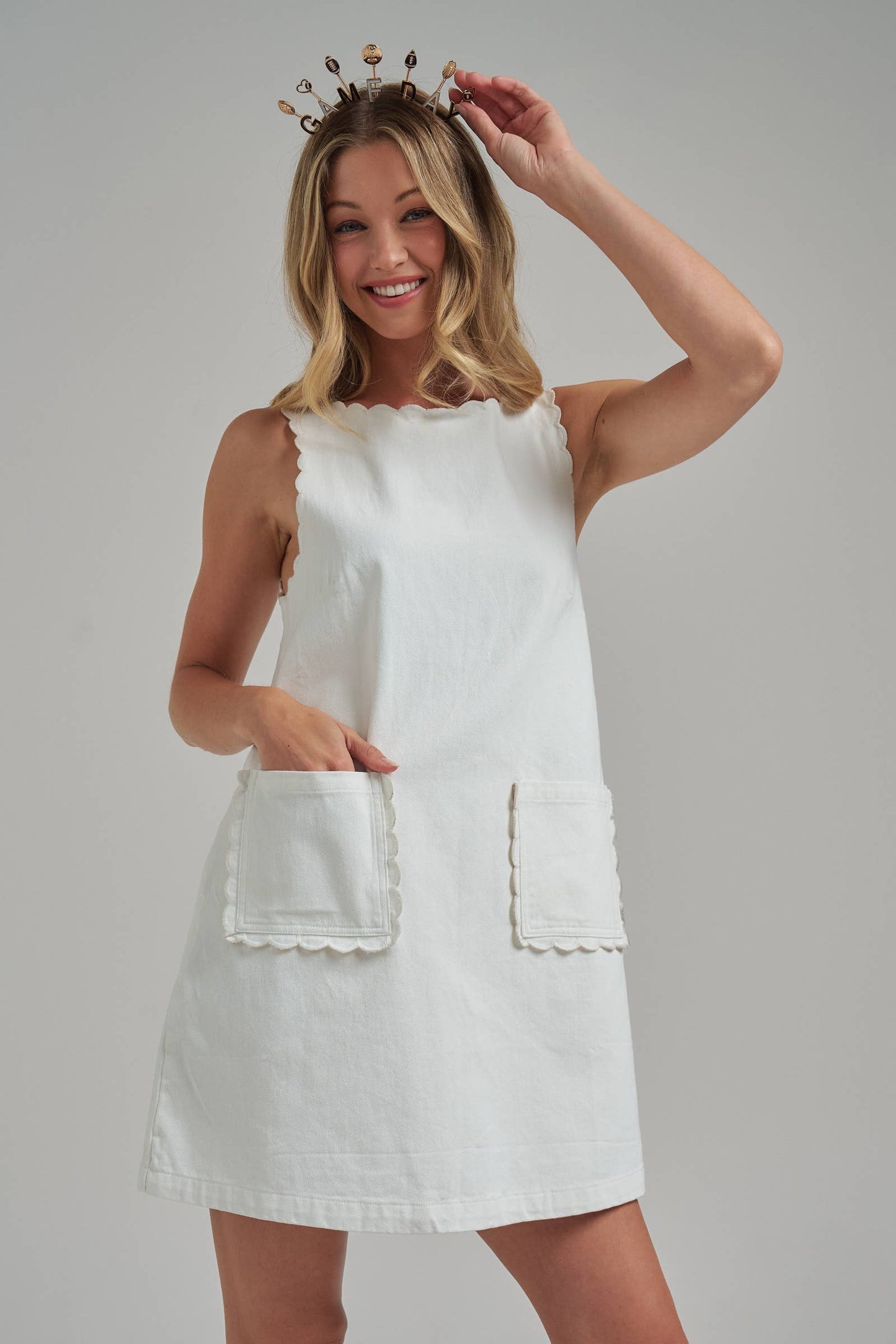 GAME DAY COLOR DENIM MINI DRESS WITH SCALLOPED EMBROIDERY