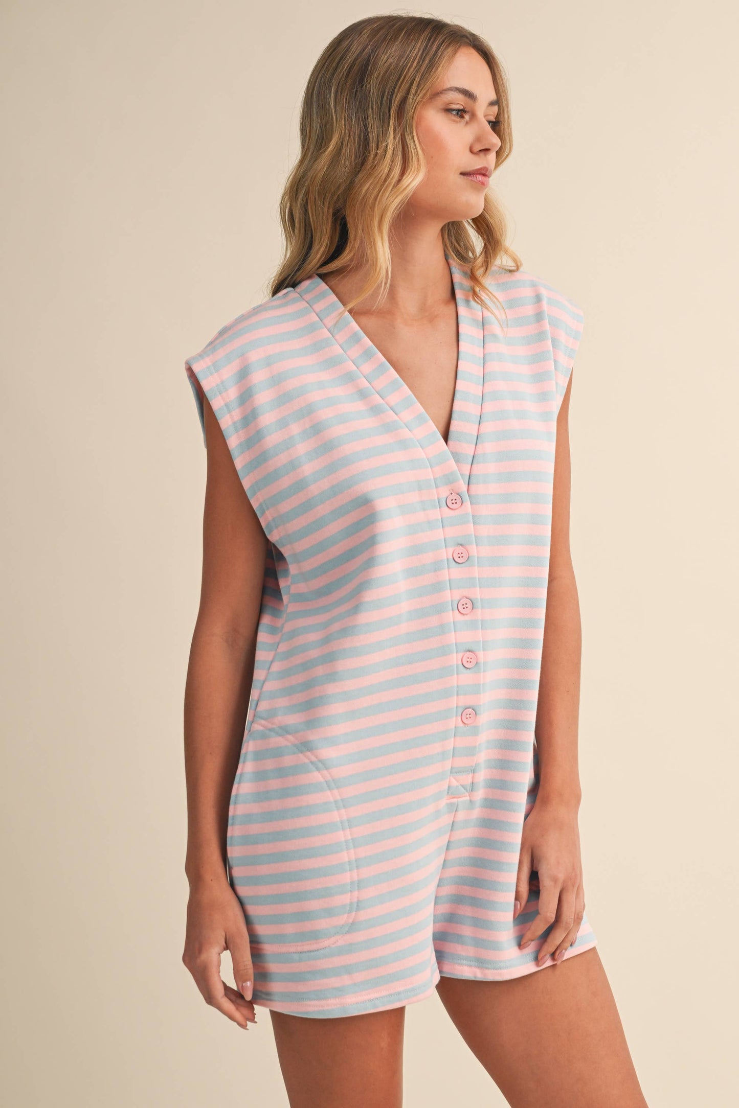 IR2384  SHORT SLEEVE STRIPED BUTTON DOWN ROMPER