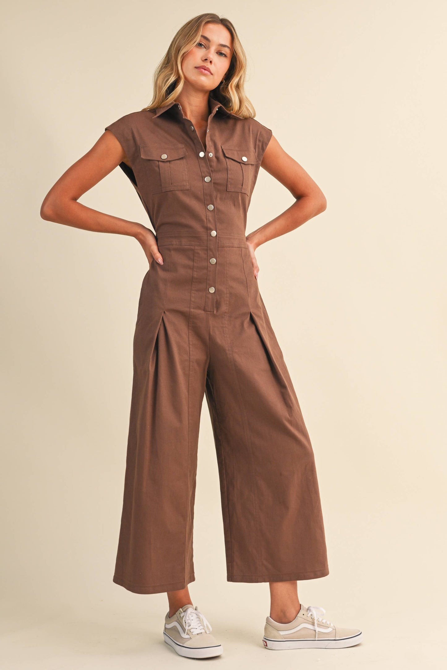 IJP3398 STRETCH COTTON TWILL WIDE LEG CROPPED JUMPSUIT