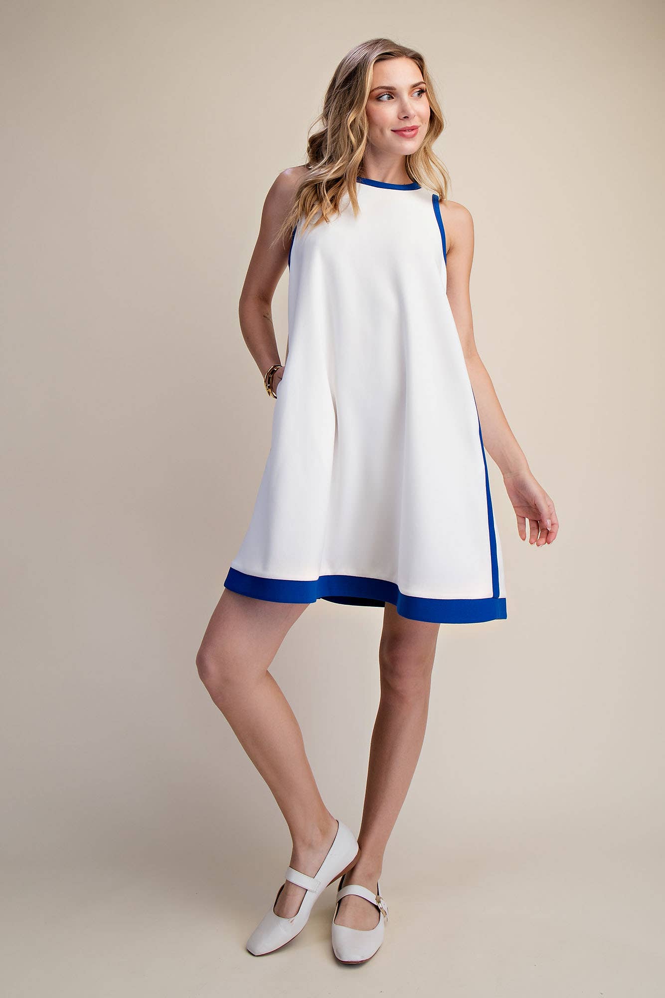 A-line Sleeveless Mini Dress With Round Neck Hem Contrast