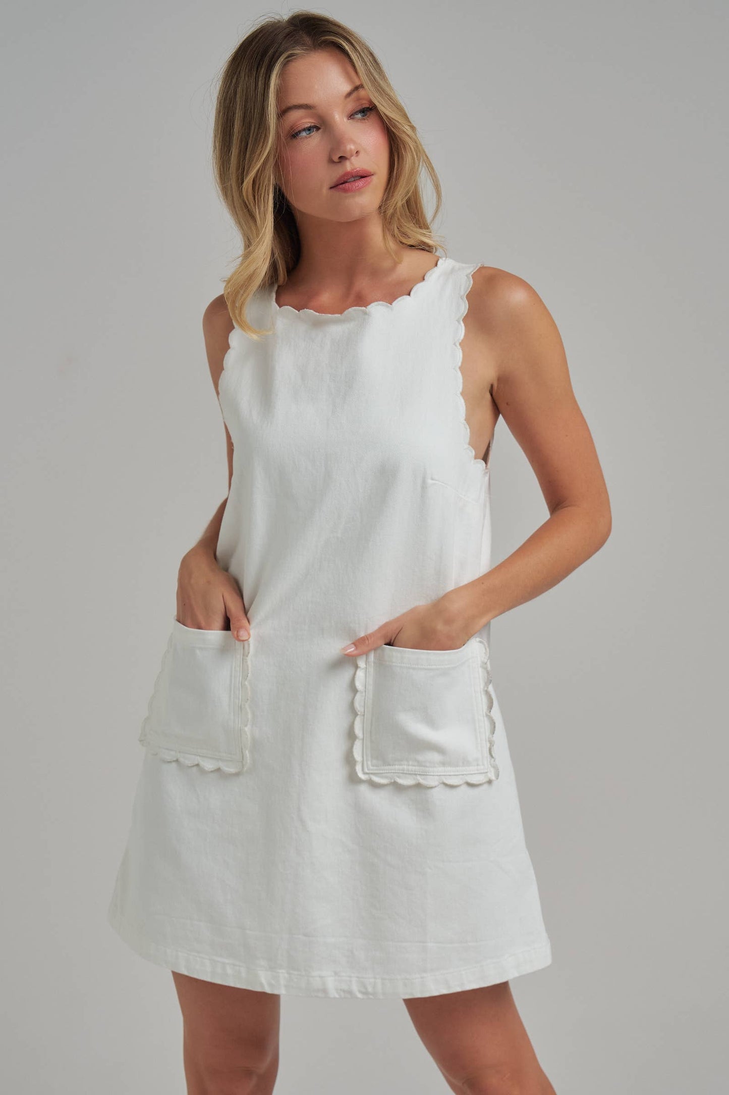 GAME DAY COLOR DENIM MINI DRESS WITH SCALLOPED EMBROIDERY