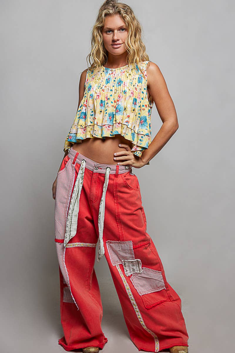 Stripe Patch High Rise Wide Leg Twill Pants