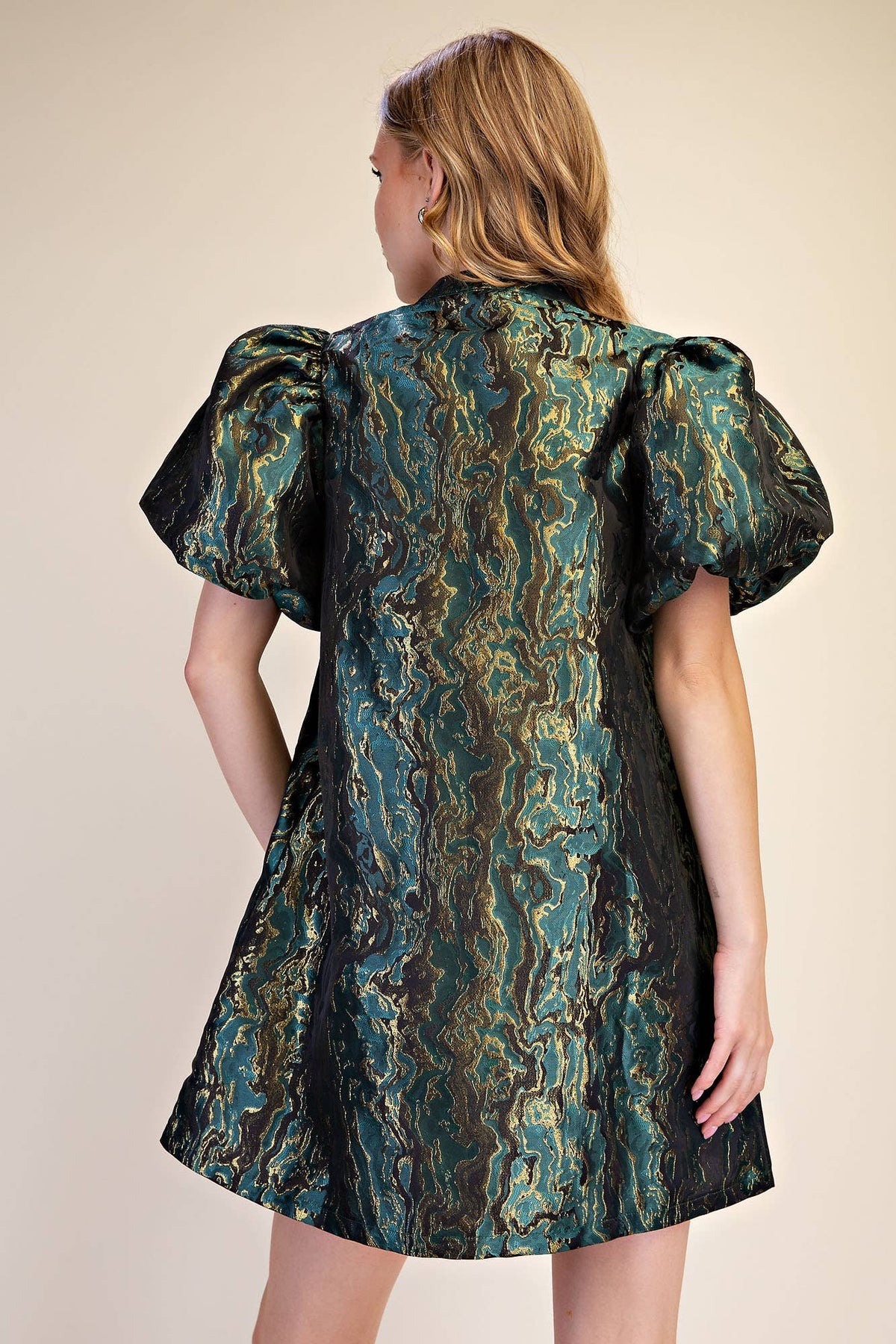 Metallic Jacquard Puff Sleeve Mini Holiday Dress