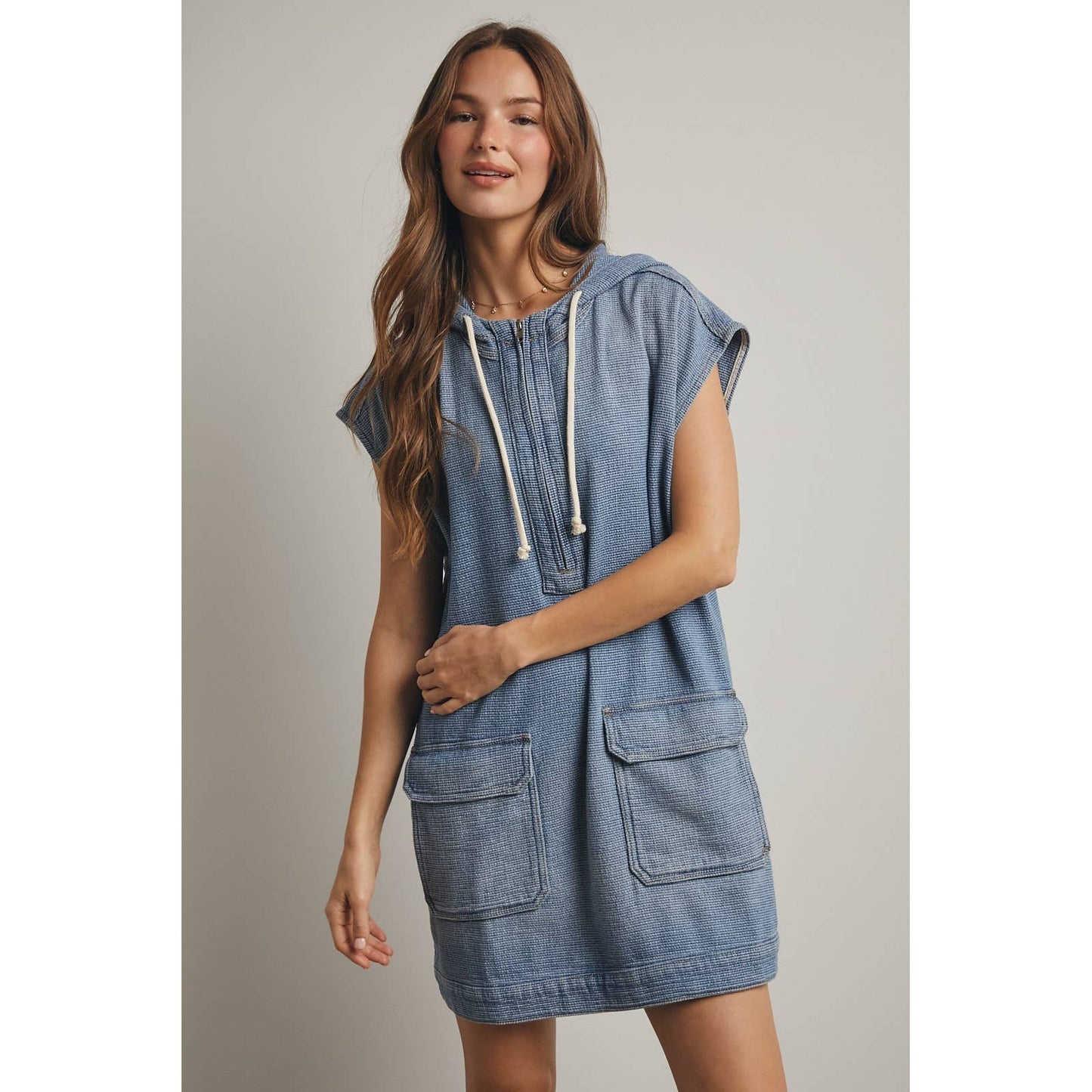 COTTON DENIM HOODIE MINI DRESS / WL25-12030