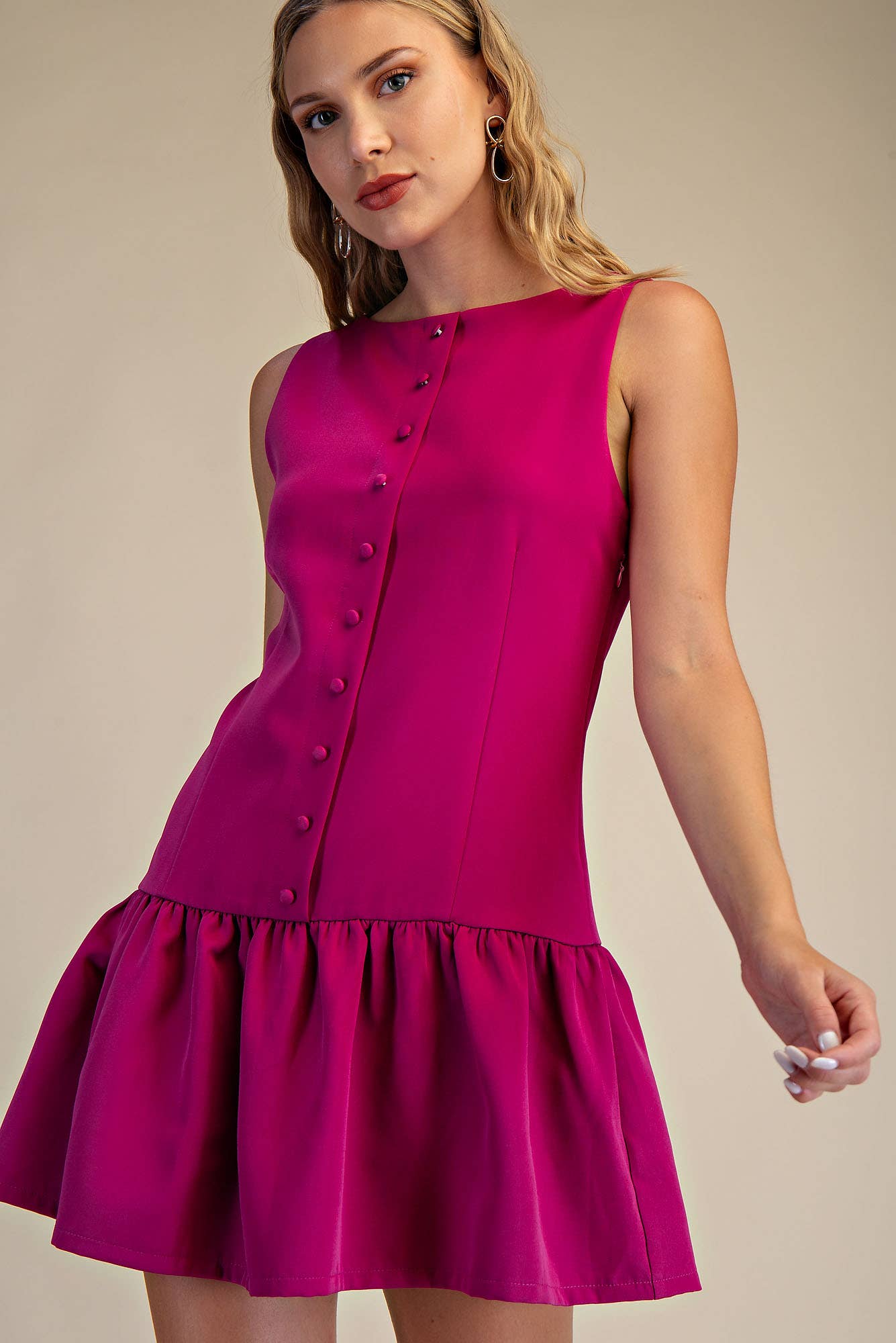 Boat Neck Sleeveless Button Down Mini Dress