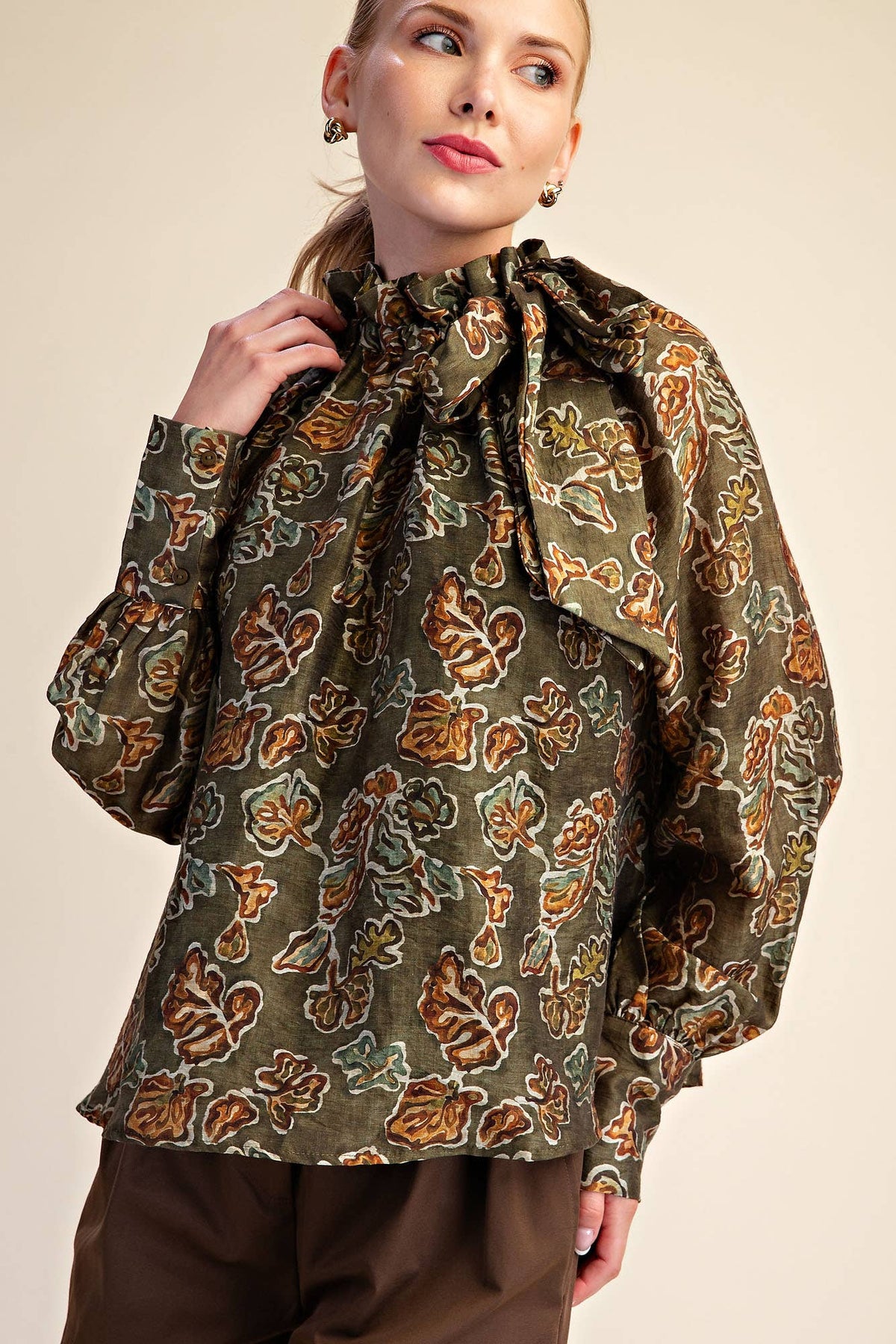 Ruffle Tie Neck Long Sleeve Print Blouse