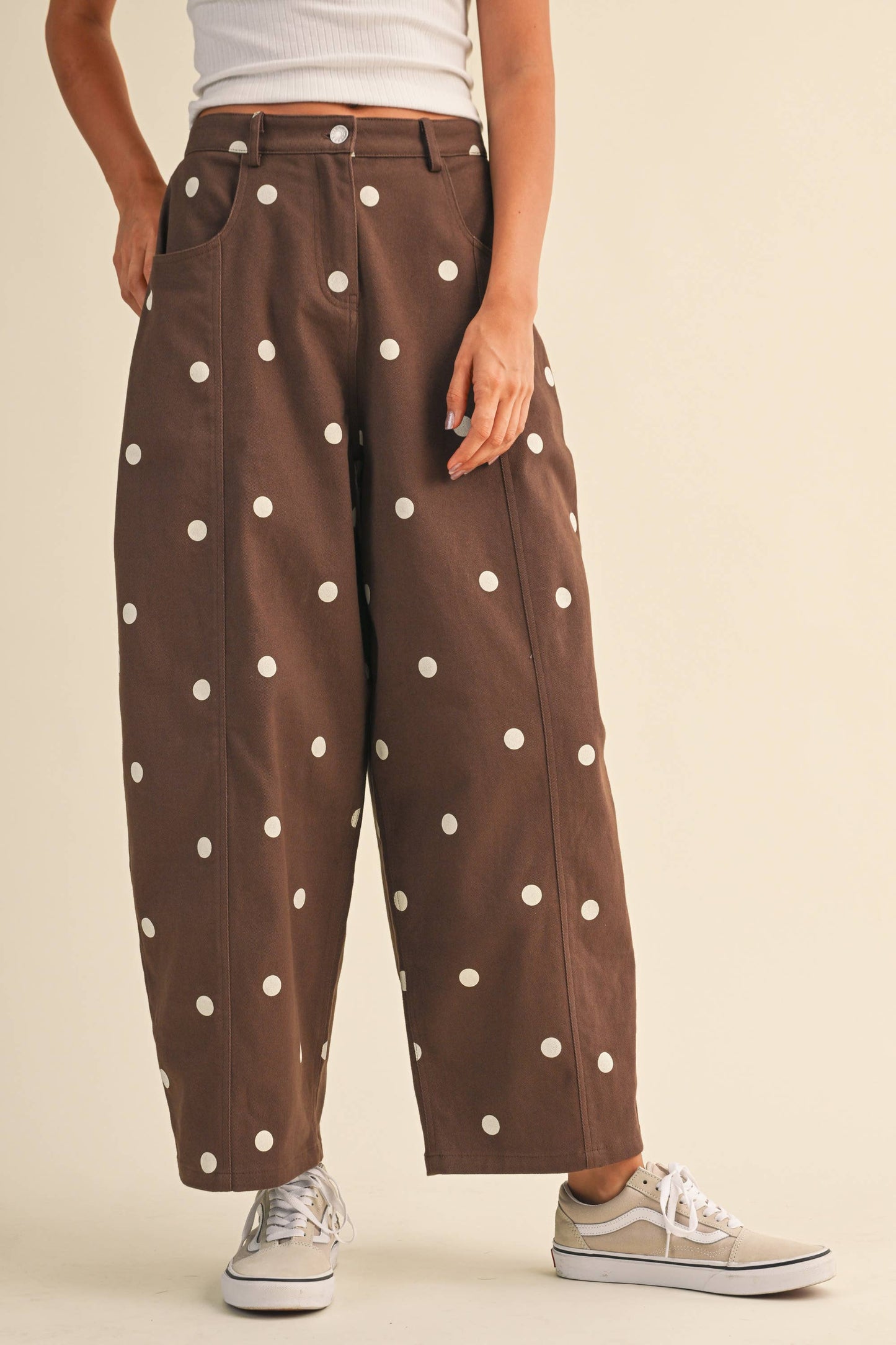 IP1390-C  POLKADOT STRETCH TWILL MID WAIST BARREL PANTS