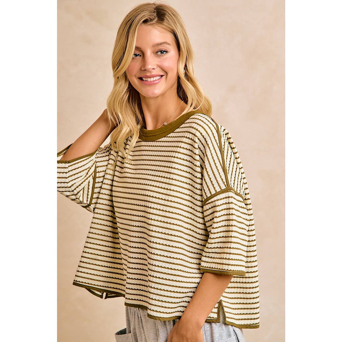 WAFFLE STRIPE WITH BINDING DETAIL RELAXED FIT TOP
