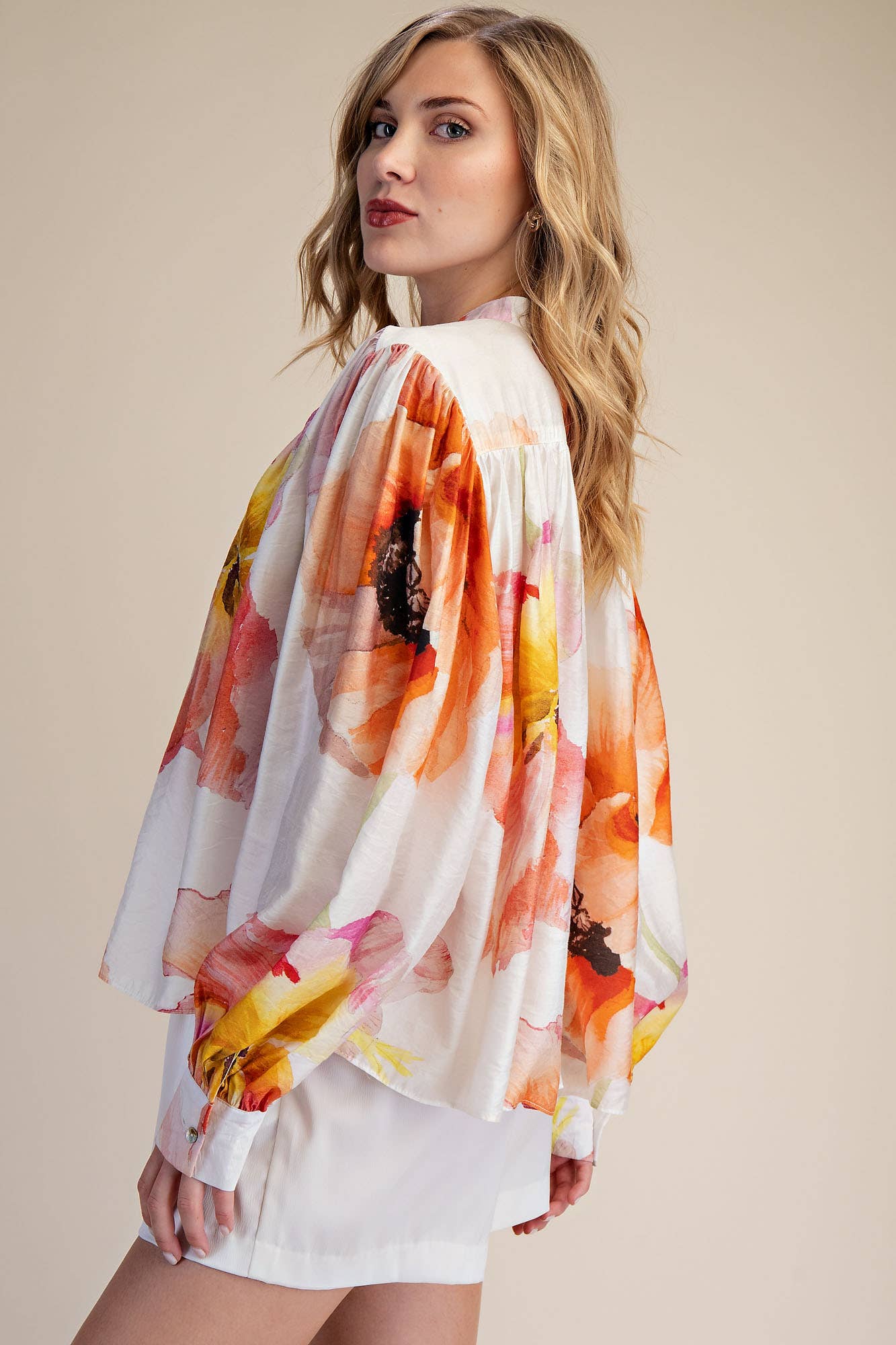 Neck Band Long Sleeve Voluminous Blouse