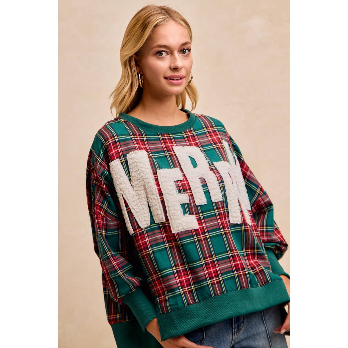 MERRY LETTER PATCHES CHRISTMAS PLAID SWEATSHIRT