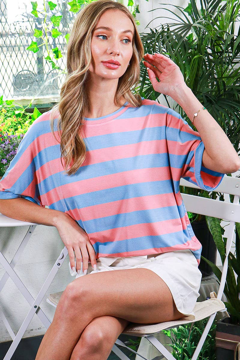 Crew Neck Roll-Up Short-Sleeve Striped Knit Top VT81566A
