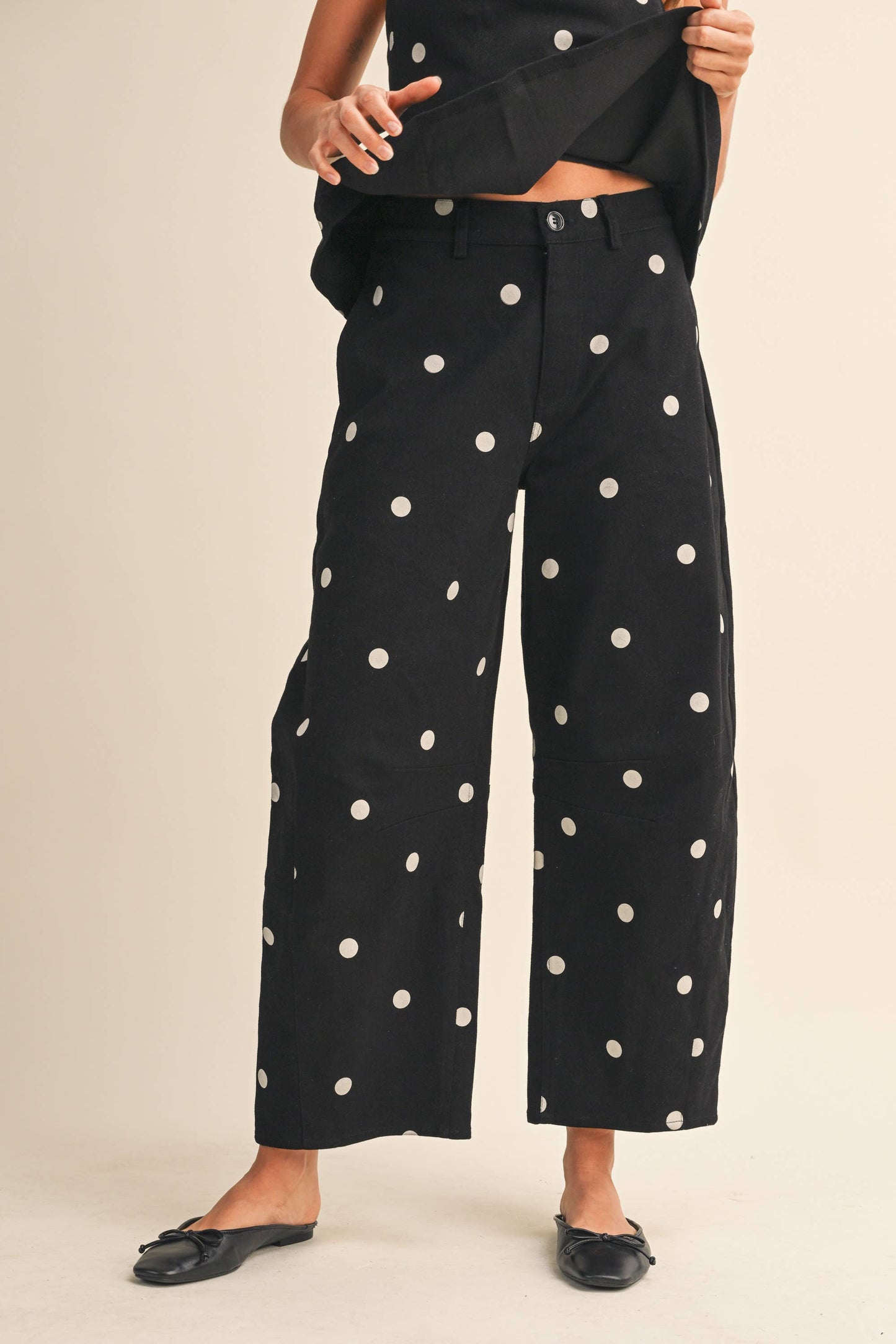 IST6128-B POLKADOT STRAPLESS PEPLUM TOP AND BARREL PANTS SET