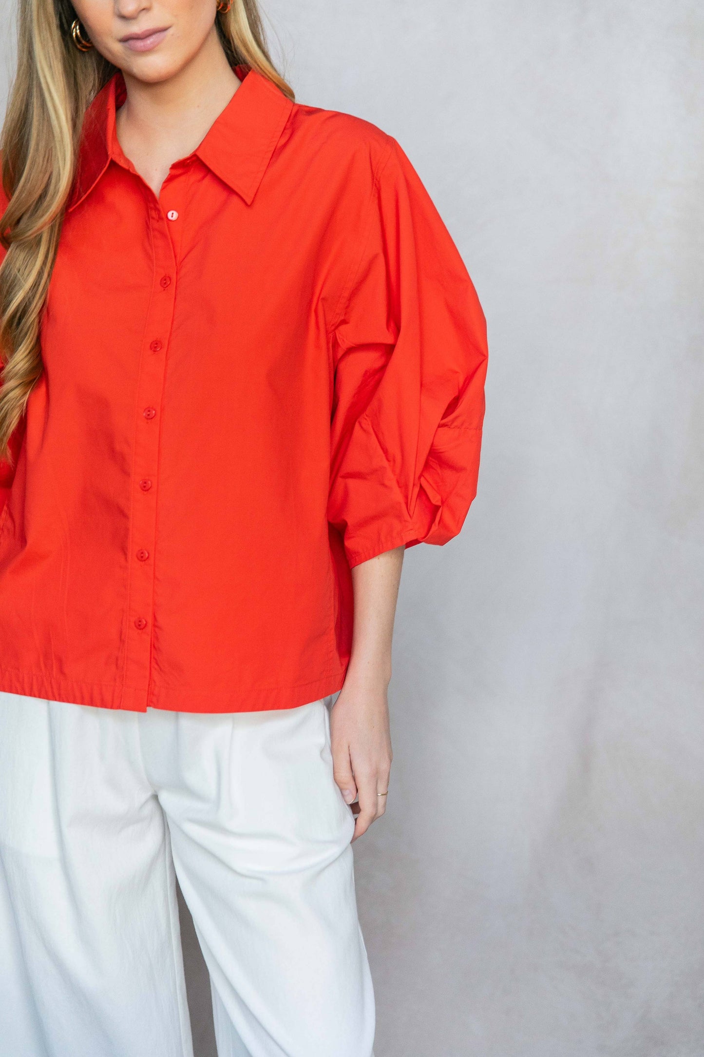Poplin Bishop Sleeve Button Up Shirt
