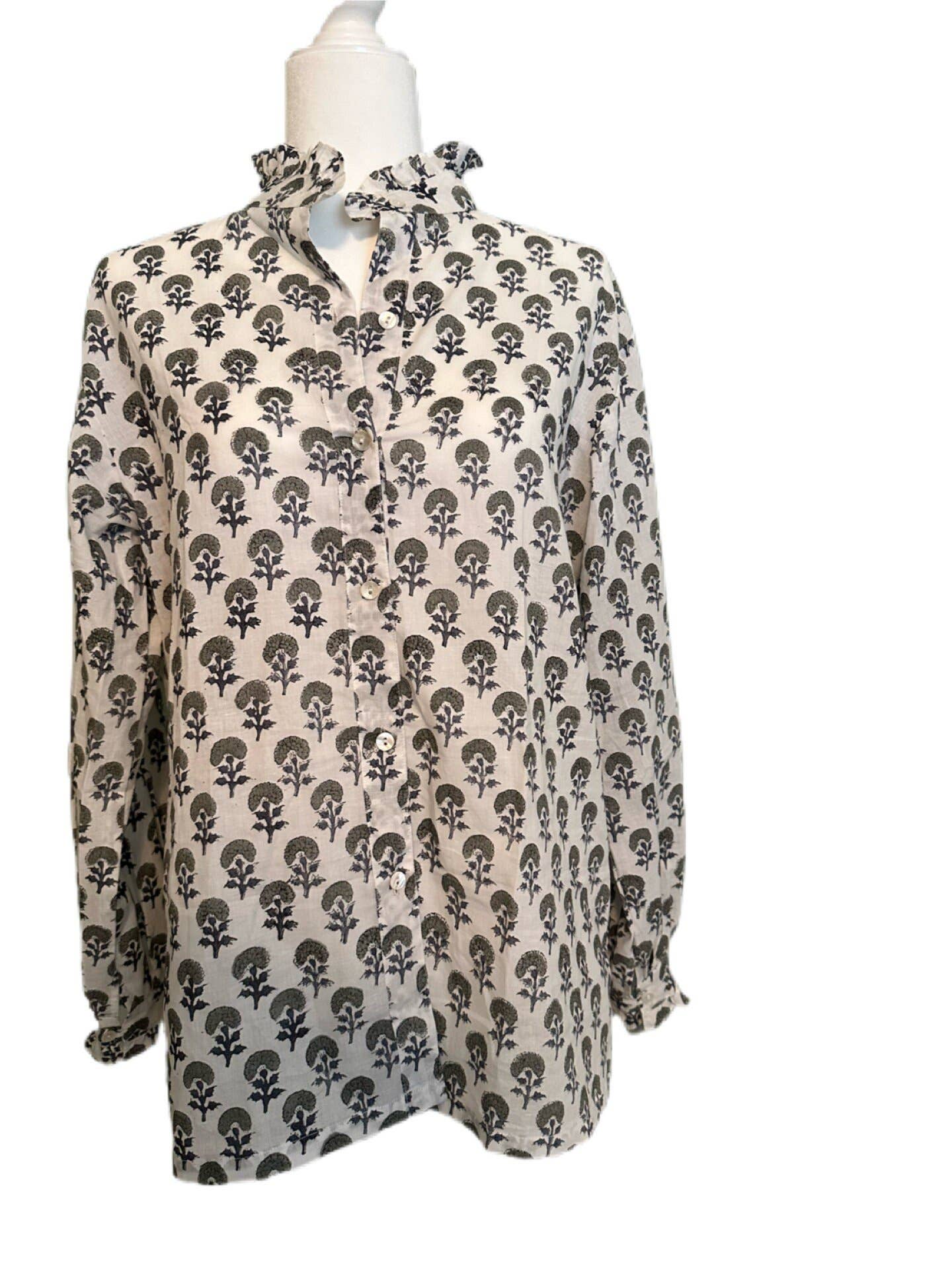 Women's Floral Block Print Ruffle Collar Button Downblouse