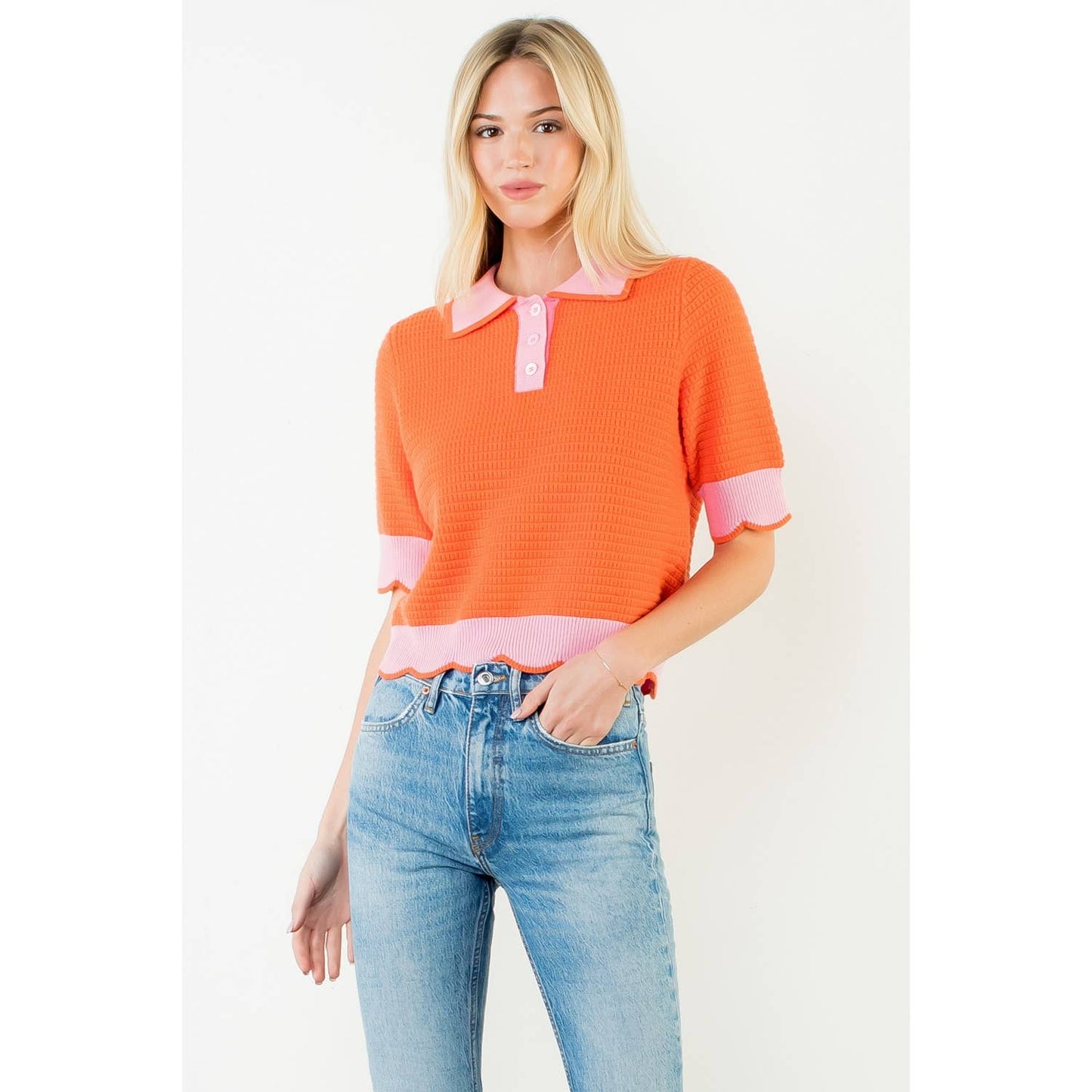 Collared Short Sleeve Knit Top