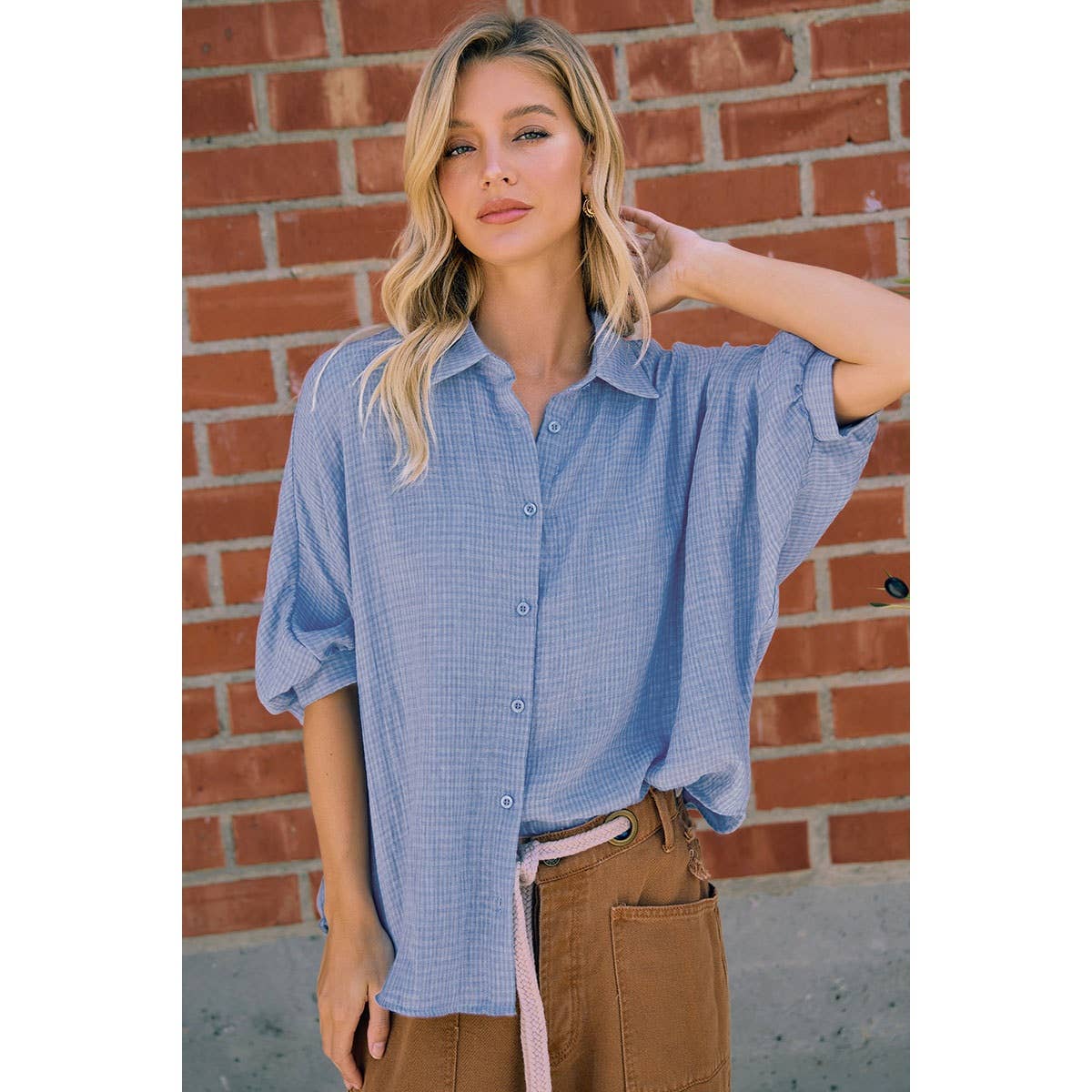 DENIM BLUE GAUZE OVERSIZED BUTTON DOWN SHIRT
