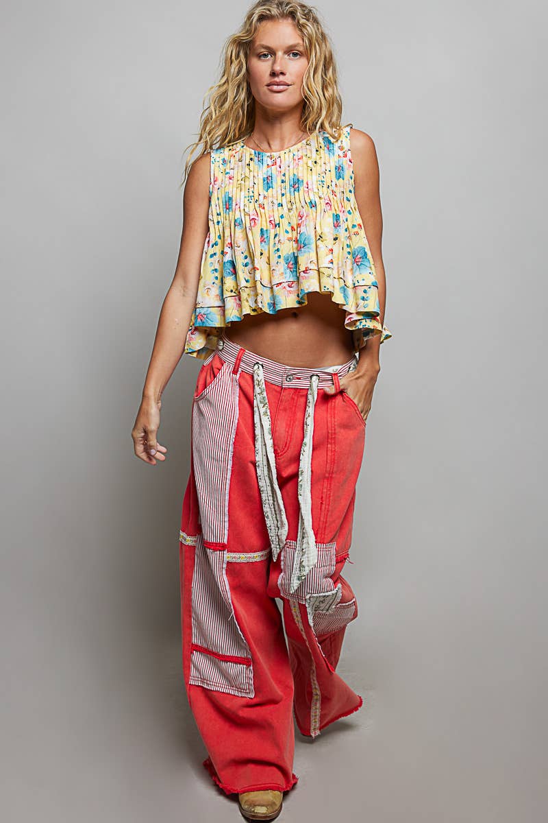 Stripe Patch High Rise Wide Leg Twill Pants