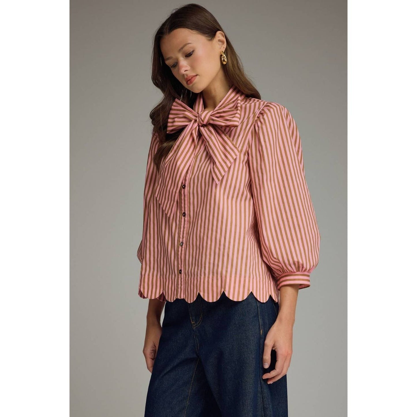 NEW Stripe self-tie neck 3/4 puff sleeve top