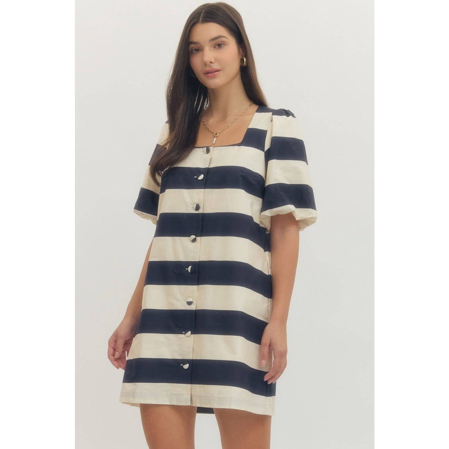 Bold stripe short puff sleeve mini dress
