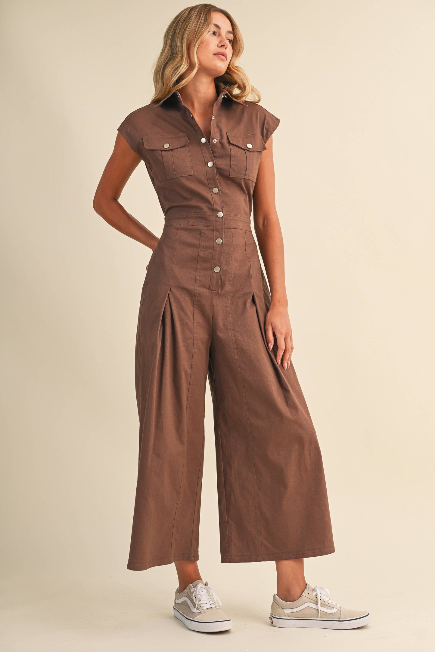 IJP3398 STRETCH COTTON TWILL WIDE LEG CROPPED JUMPSUIT