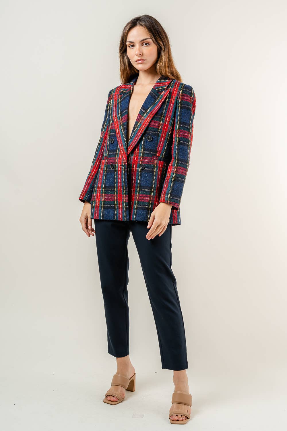 PREPPY HOLIDAY TWEED PADDED SHOULDER PLAID BLAZER-OI5782FO